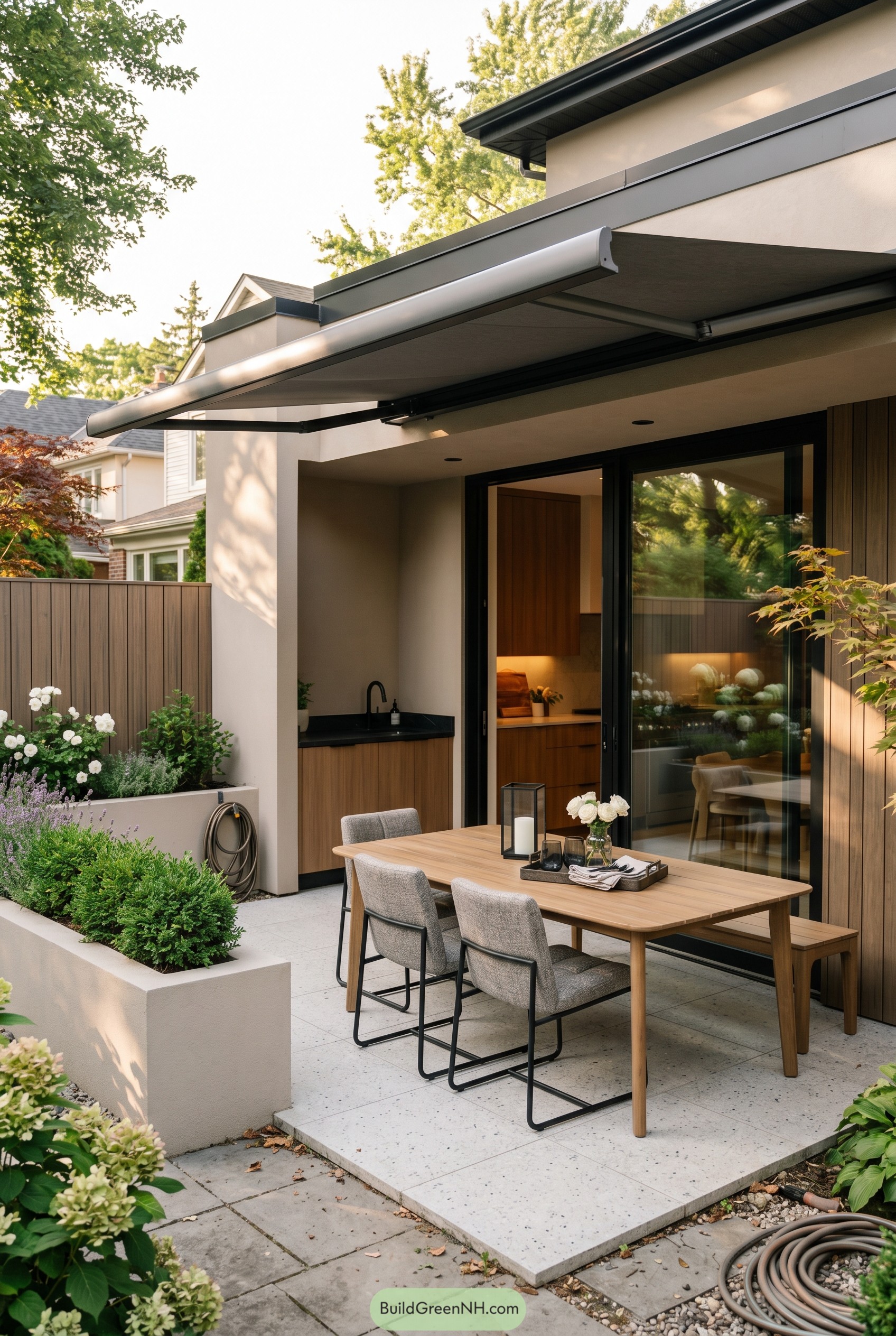 Modern patio dining area with retractable awning and built in sink