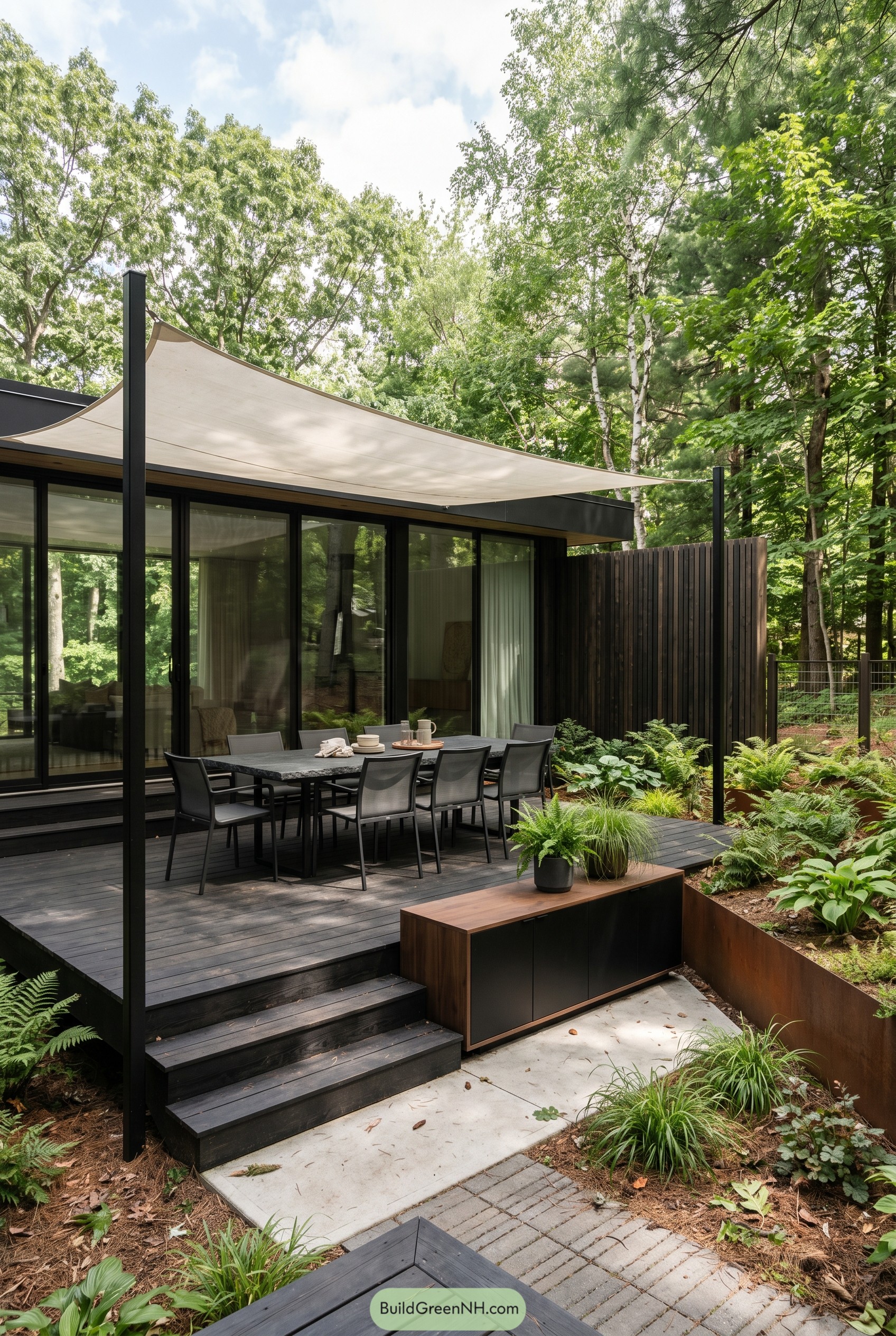 Modern black deck dining area with sail canopy