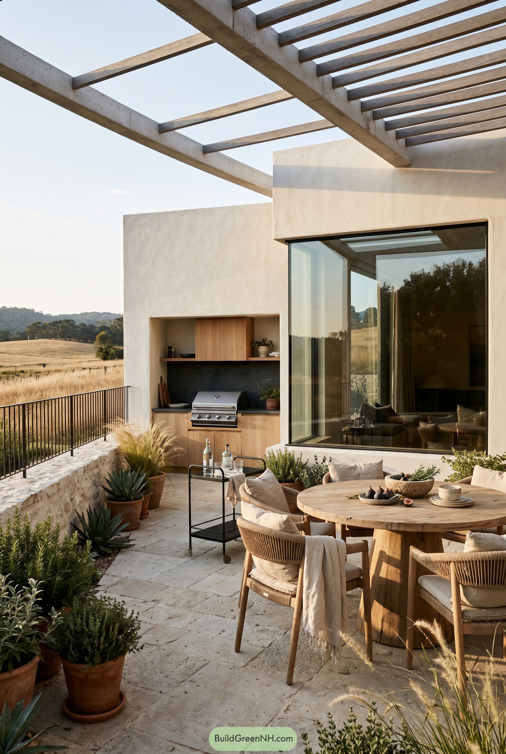 Modern patio with pergola dining table and built in grill