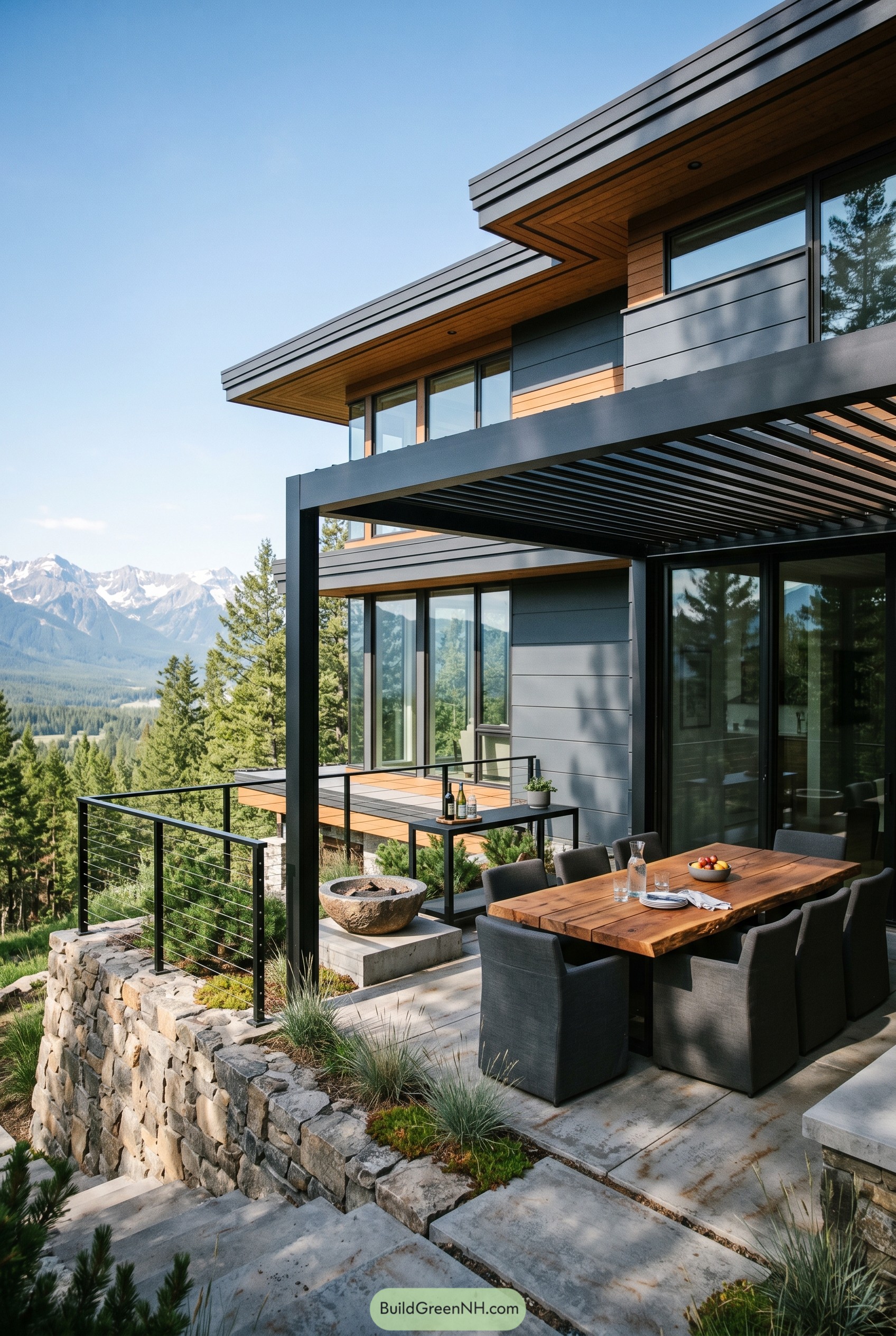 Modern covered patio dining with mountain view