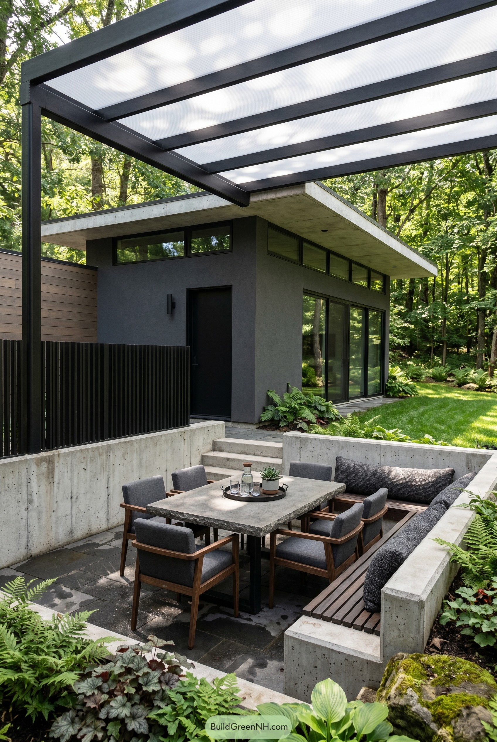 Sunken modern patio dining beside wooded home
