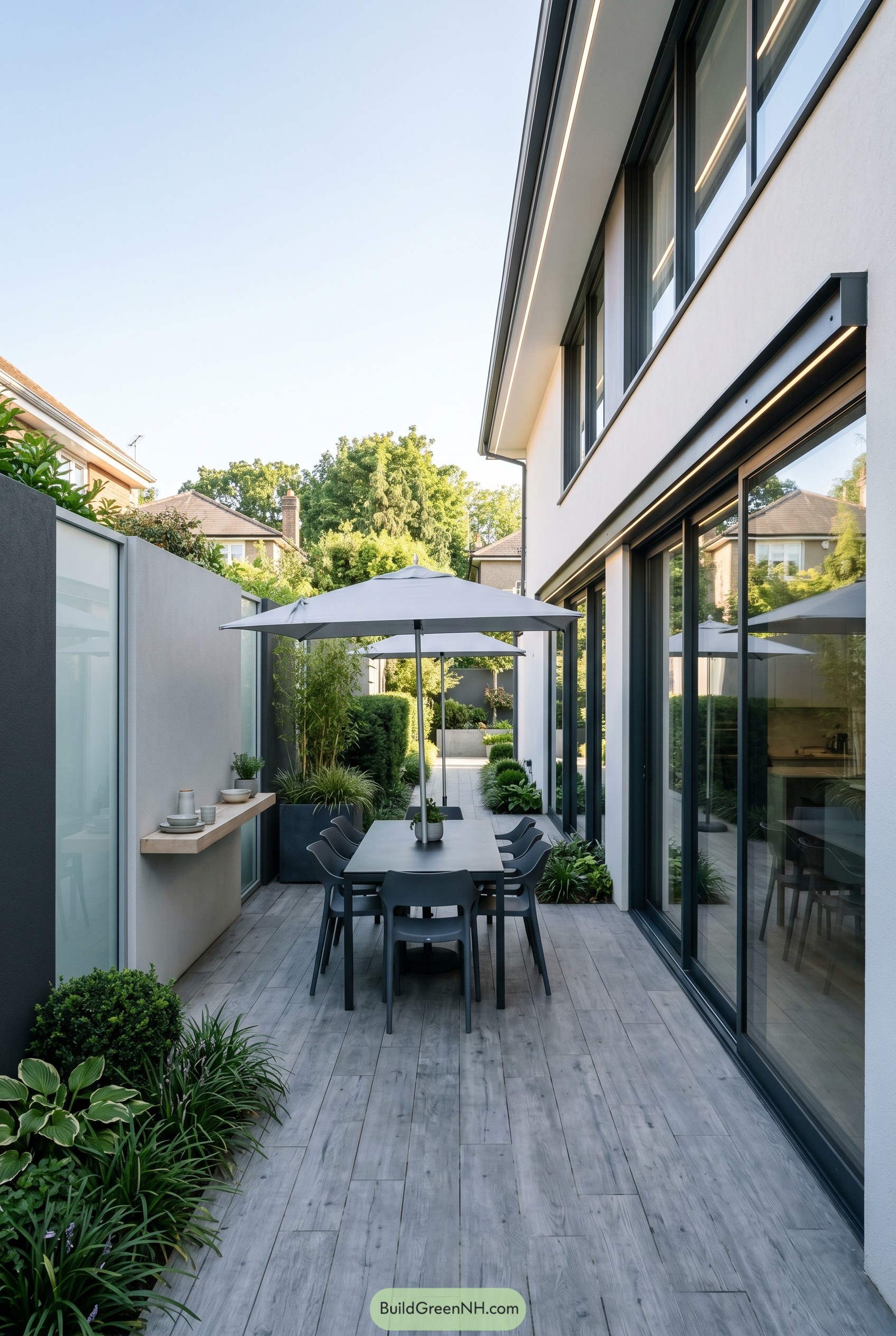 Narrow modern side patio with dining table and umbrellas