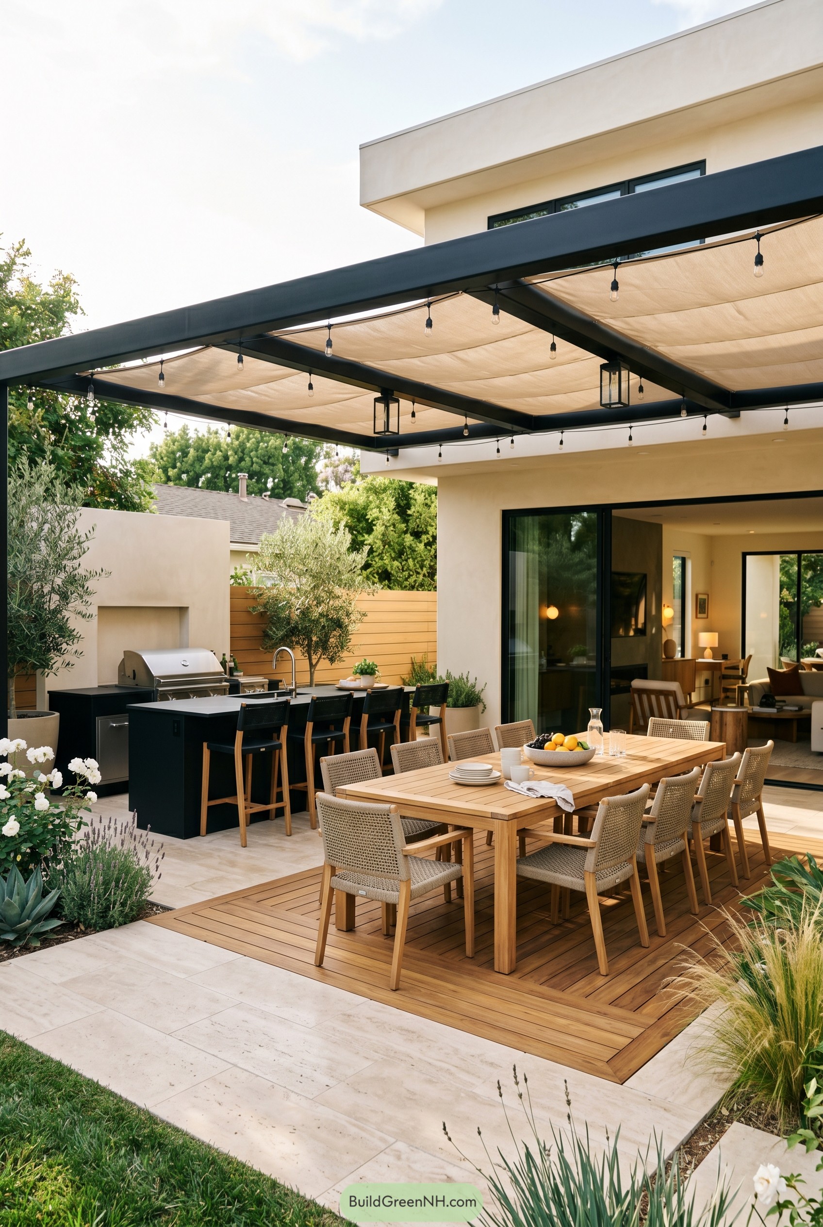 Modern backyard dining patio with canopy and grill