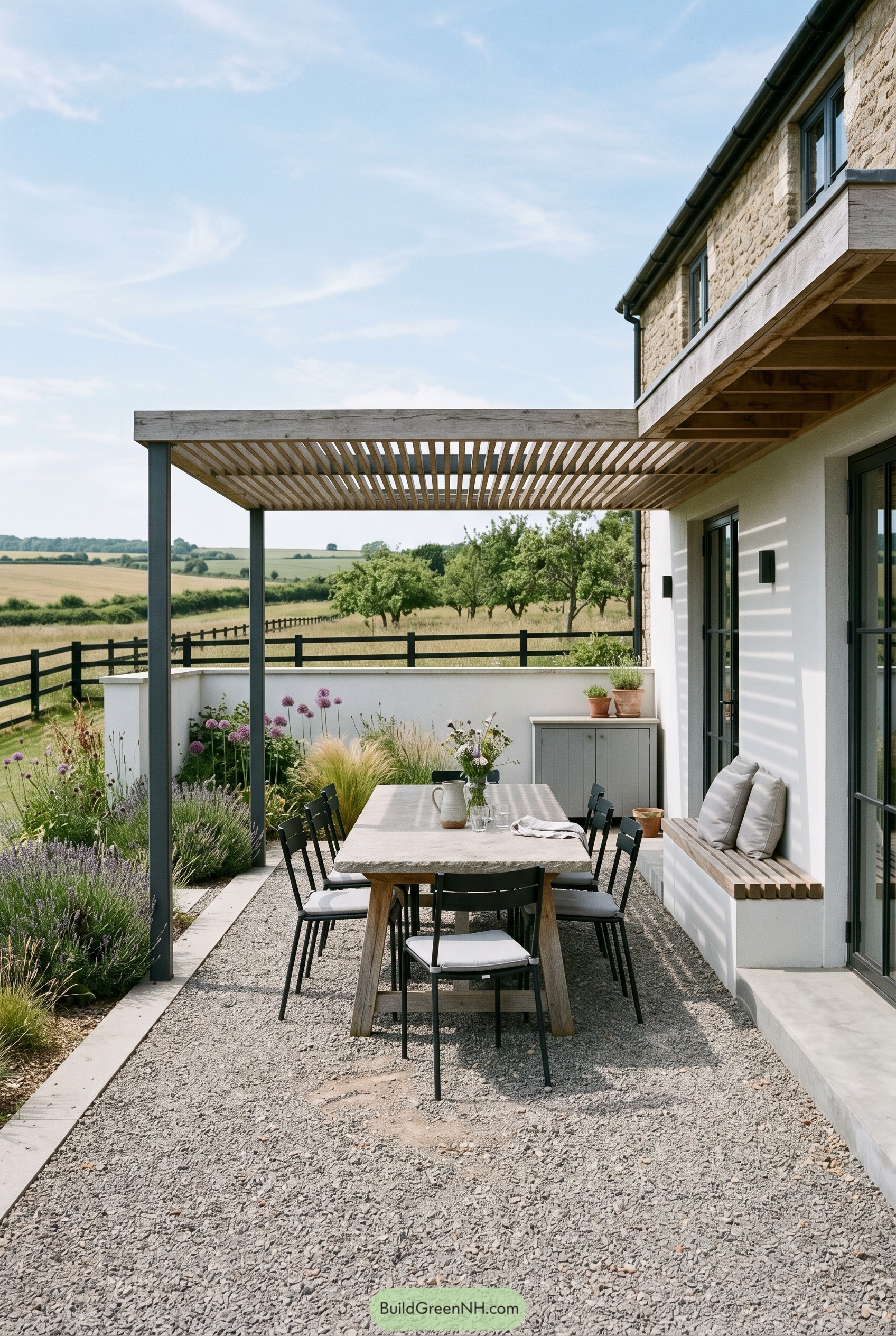 Modern farmhouse patio dining under slatted pergola