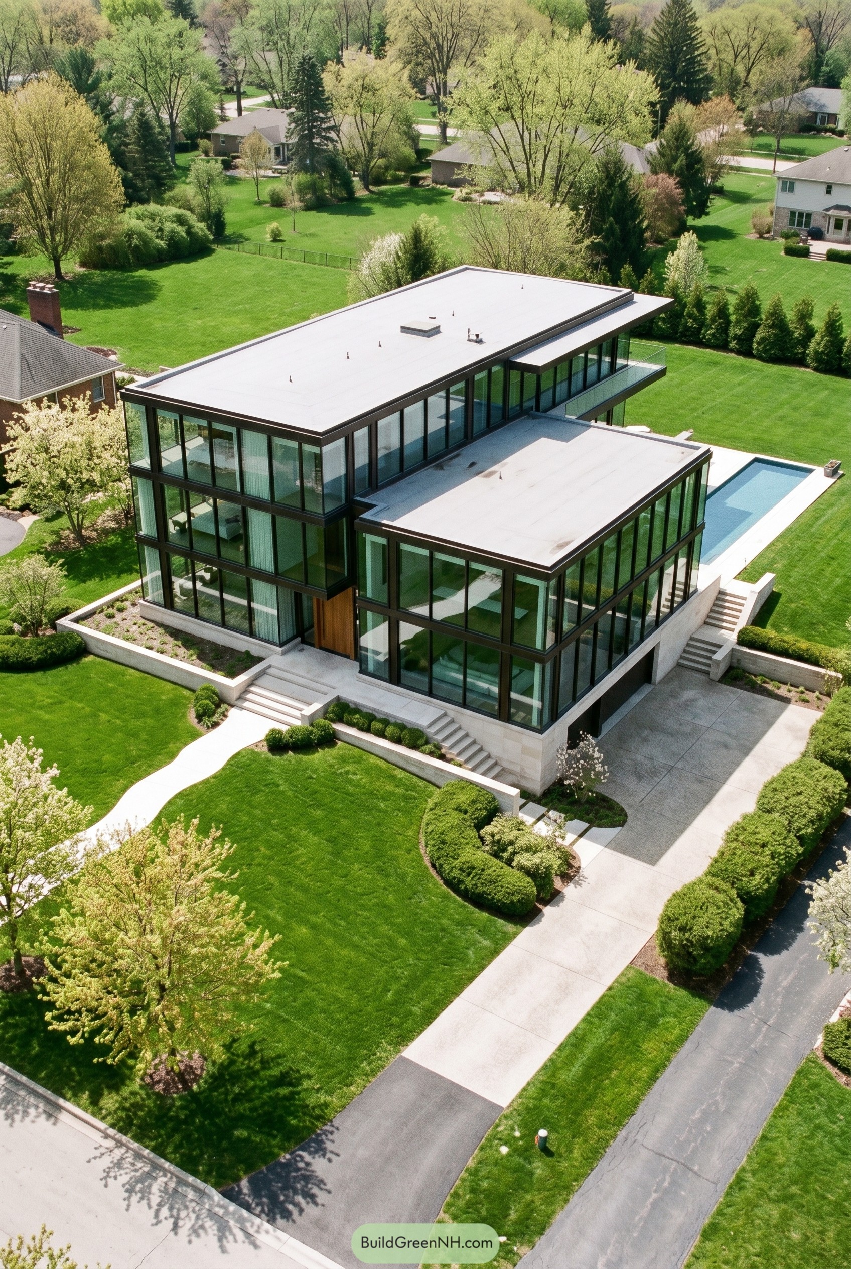 Modern glass house with pool and flat roofs