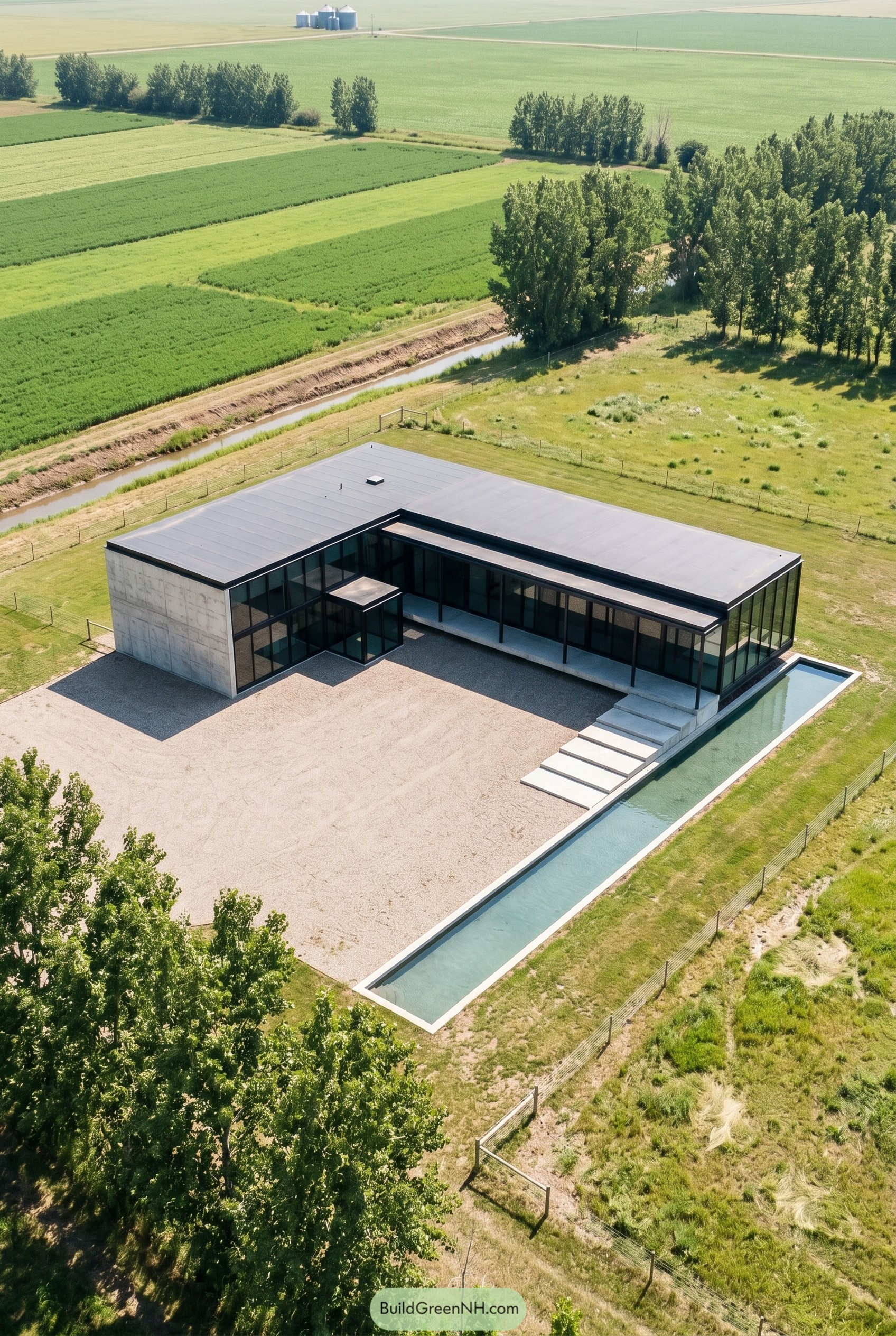 L shaped glass house beside a long reflecting pool