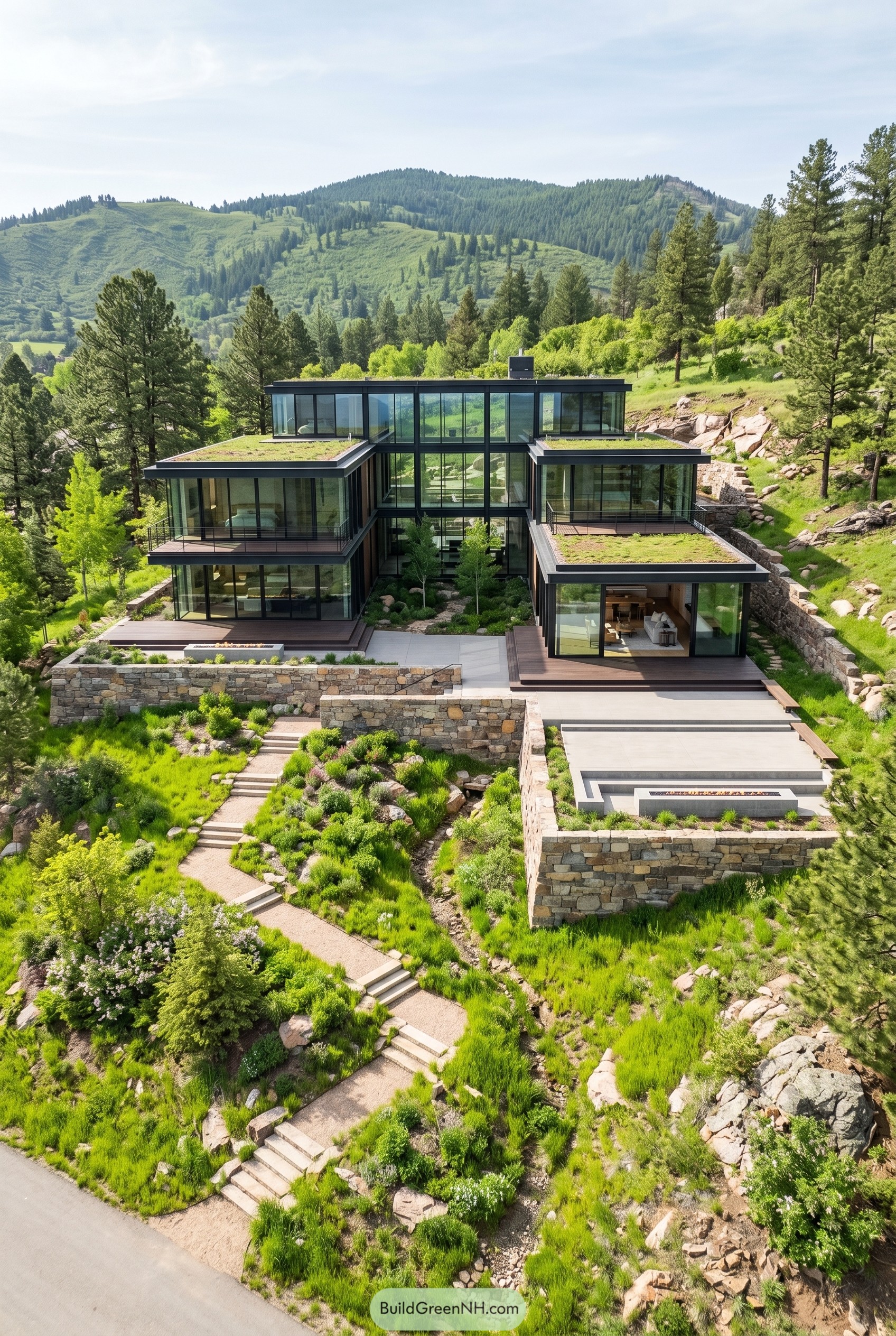 Terraced glass residence on a mountain slope