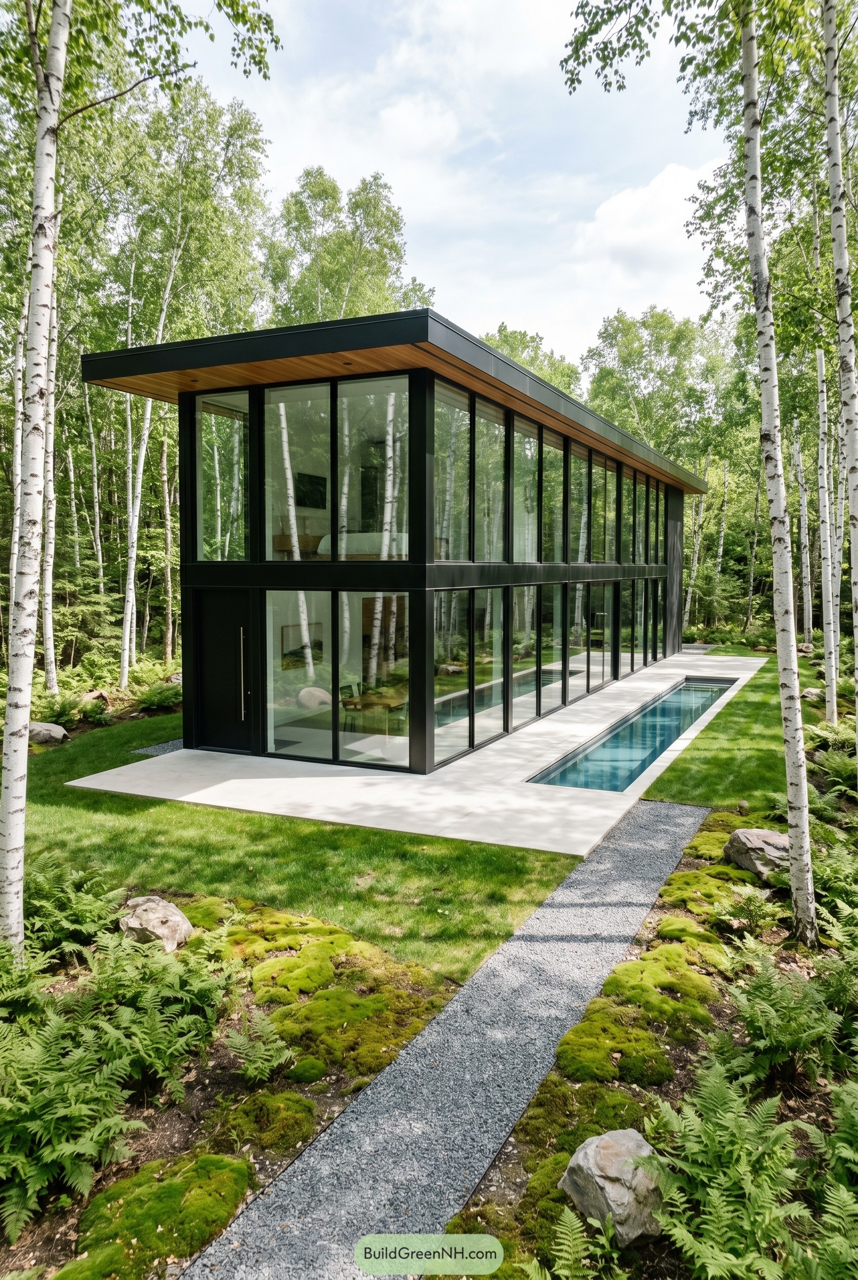 Long black glass house in birch woods