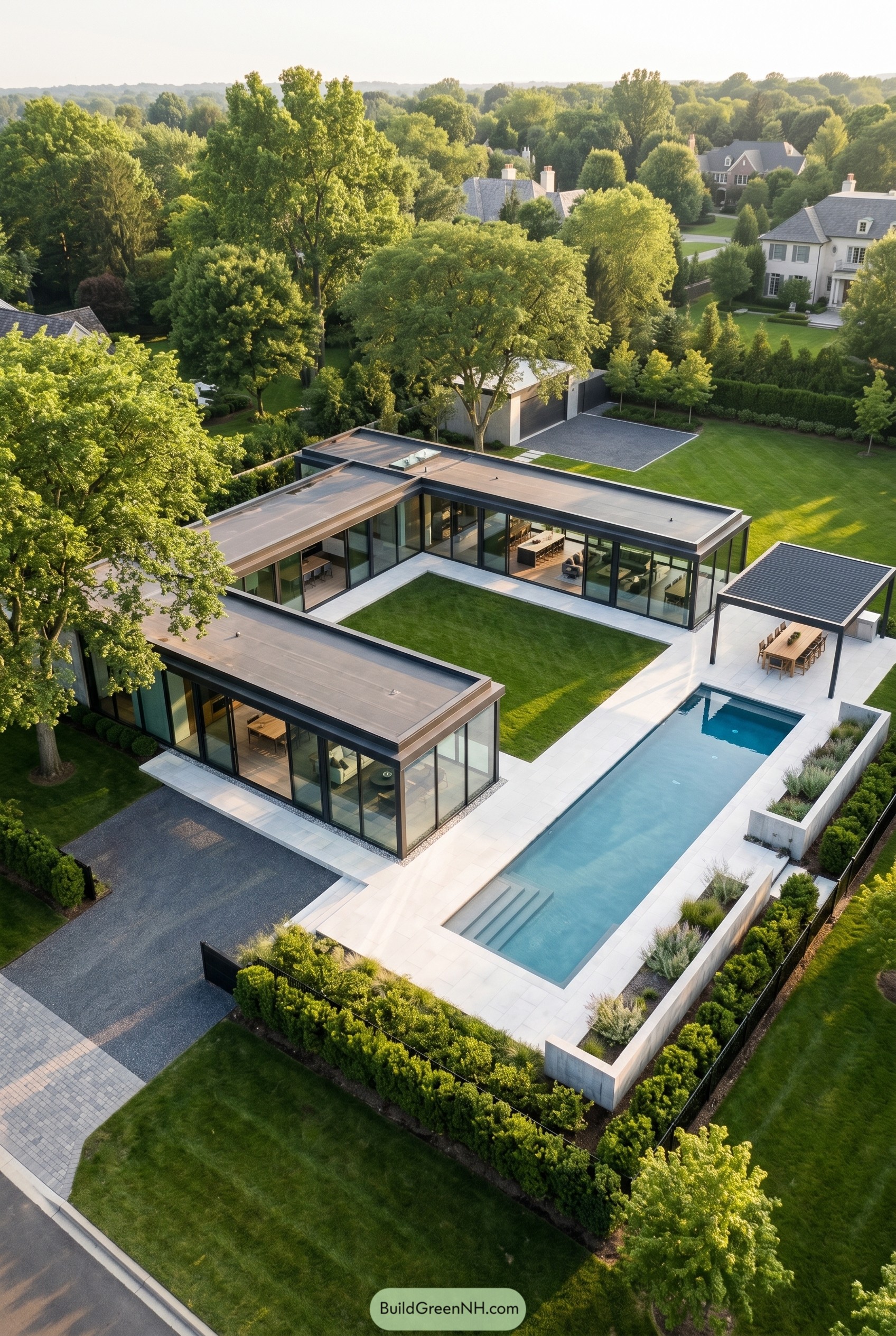 Aerial view of glass courtyard house with pool