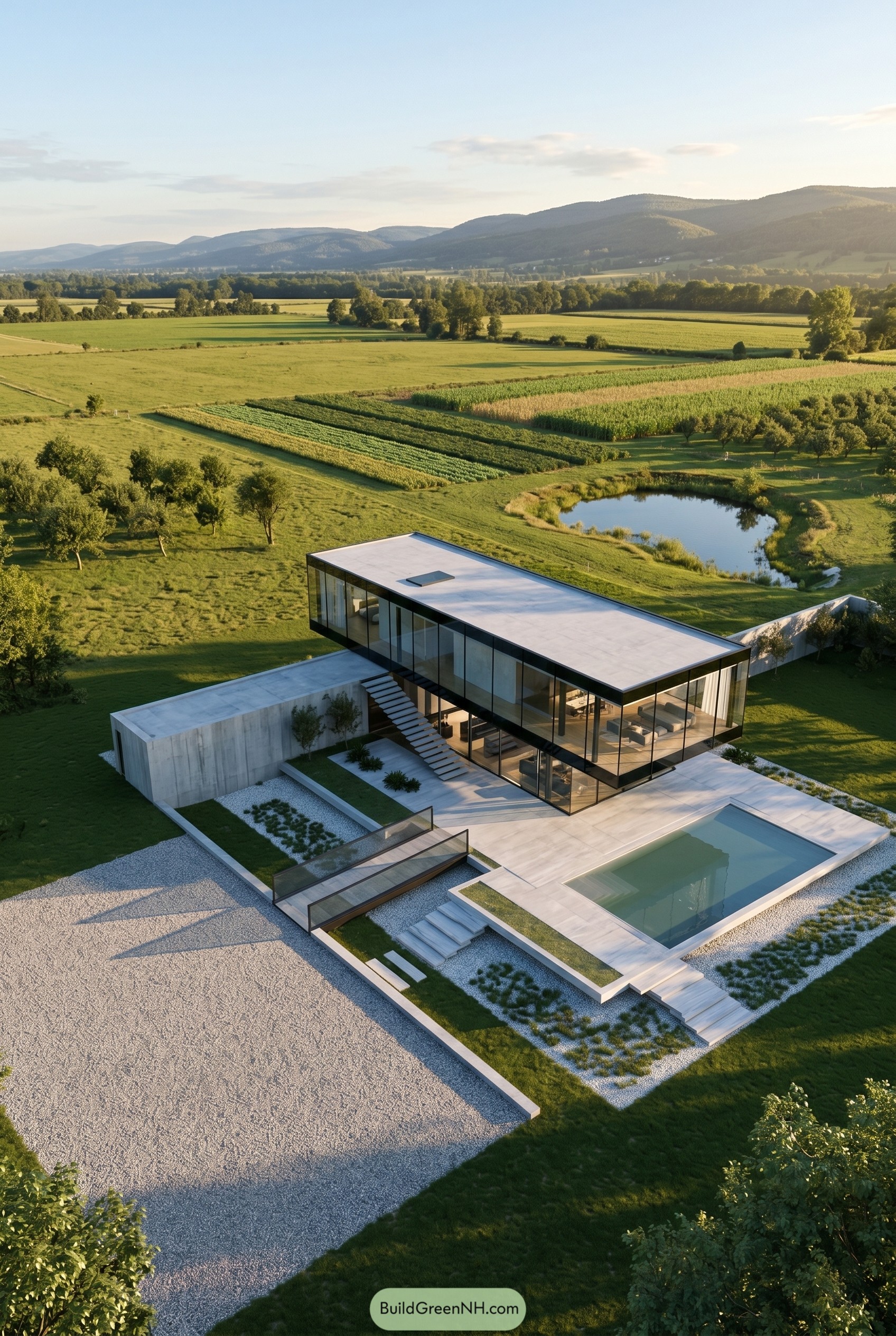 Elevated glass house with pool in open farmland