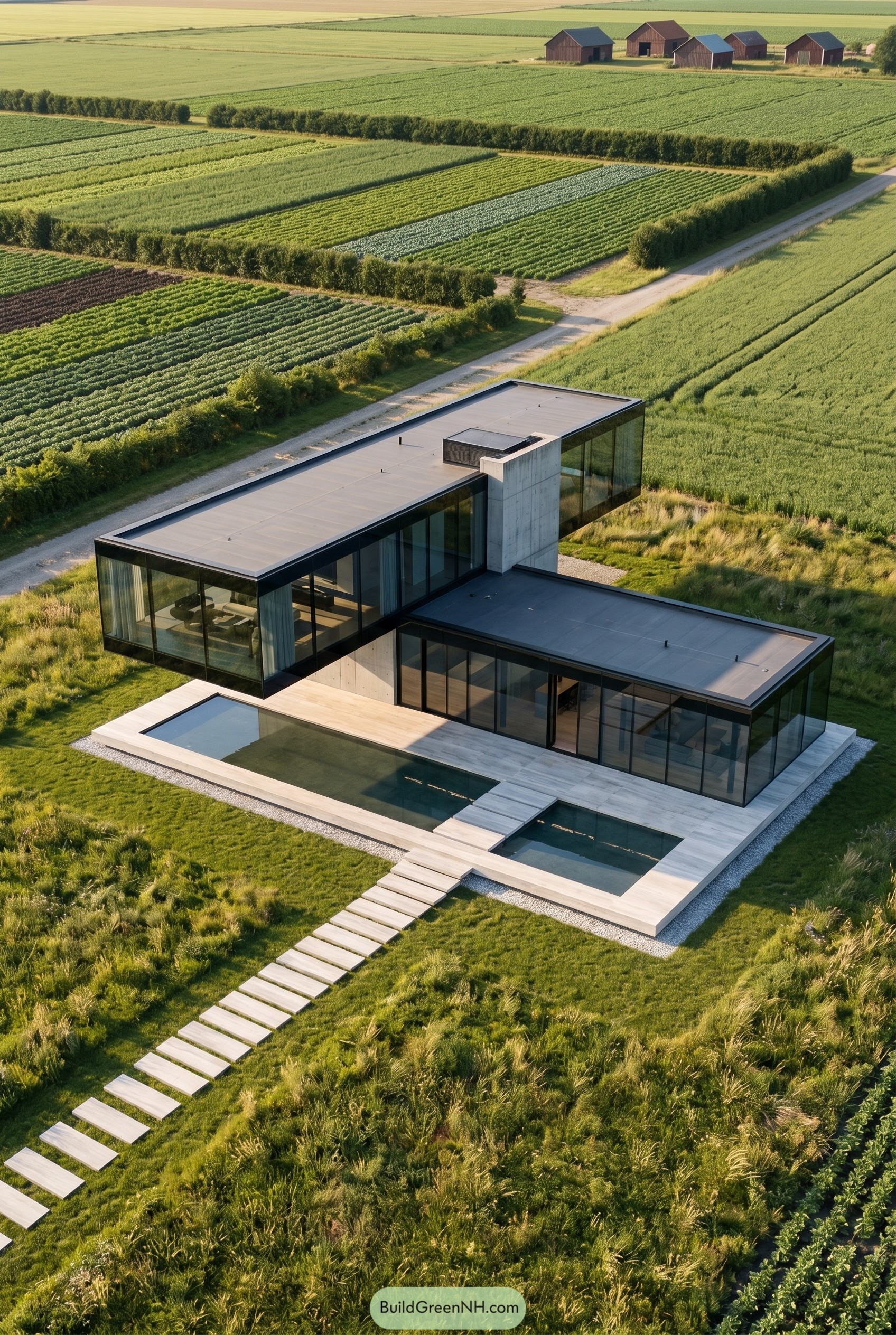 Modern glass house with pool in farmland