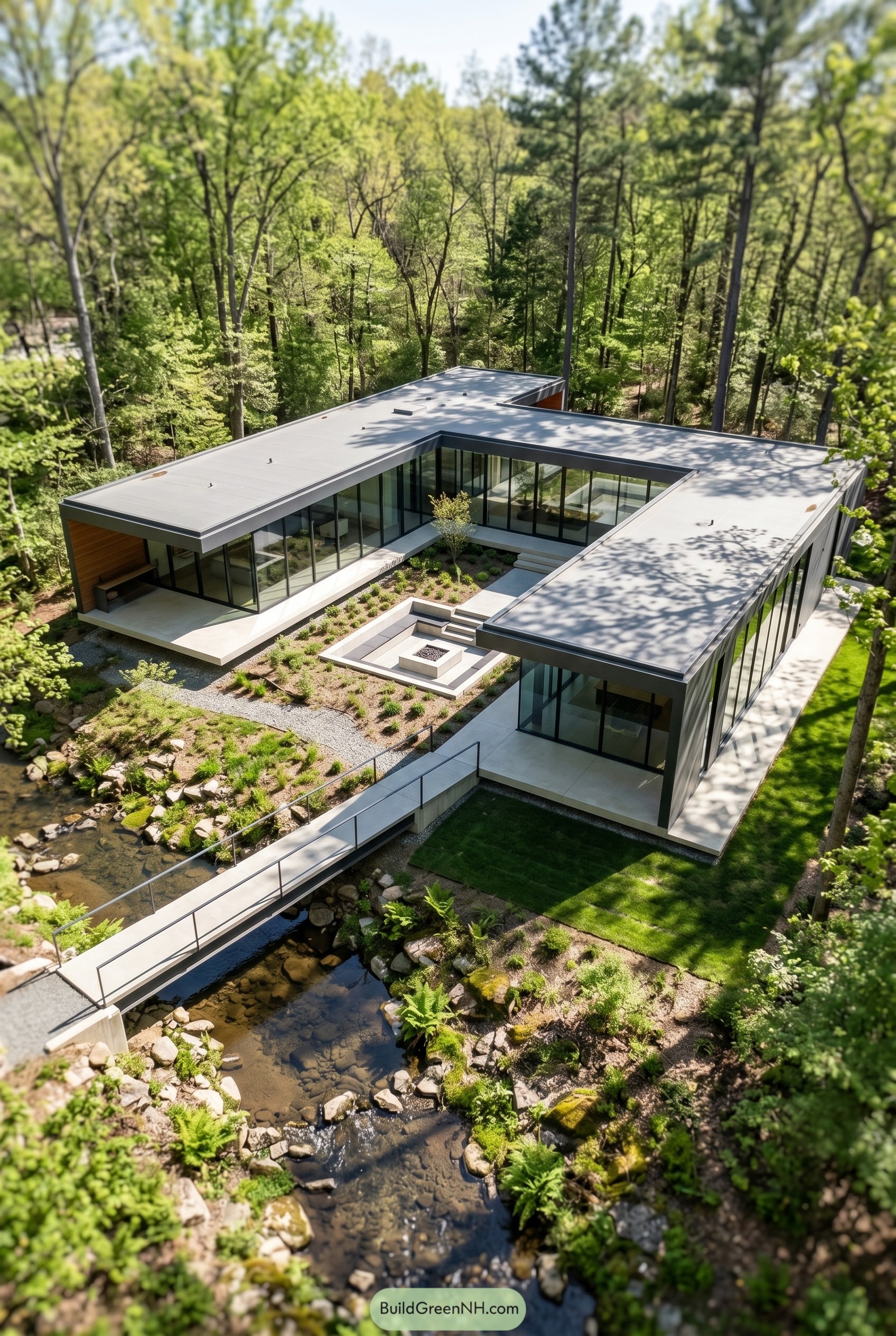 Modern glass courtyard house over a creek