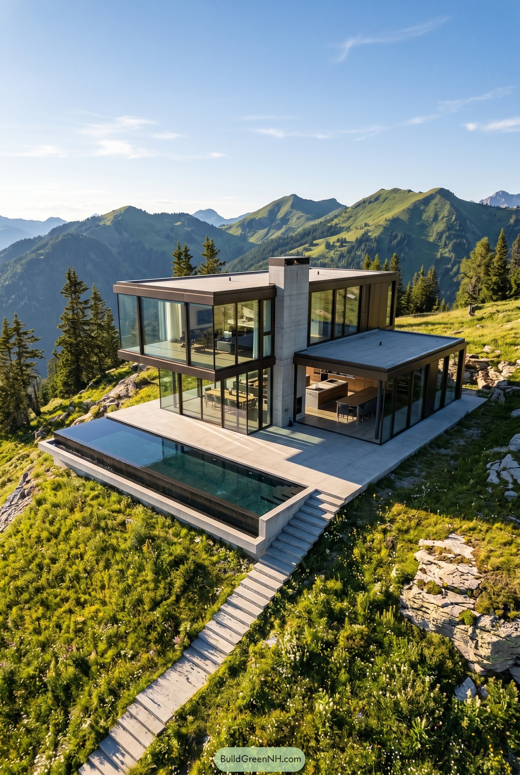 Modern glass house on alpine slope with pool