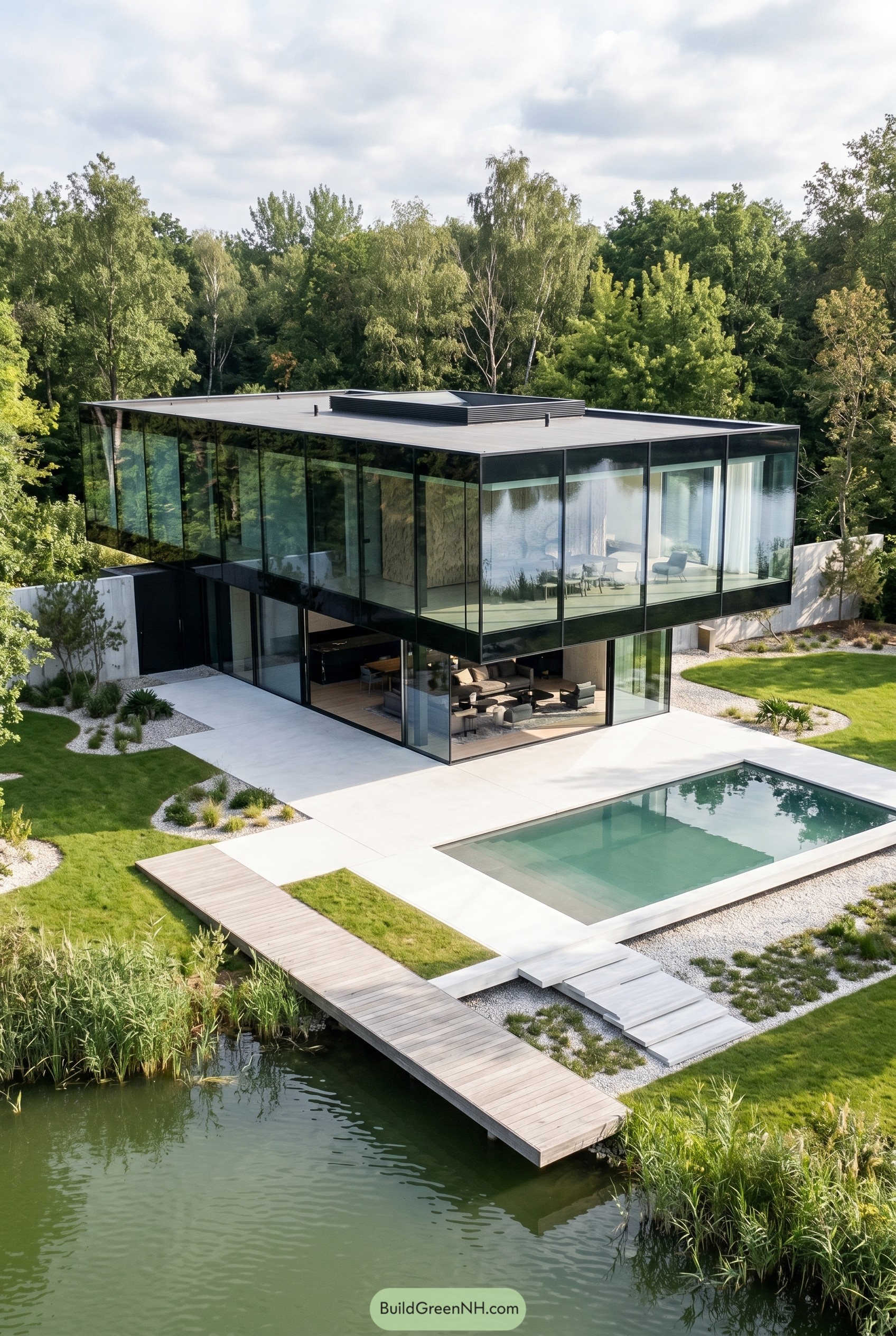 Two story glass house beside a pond and pool