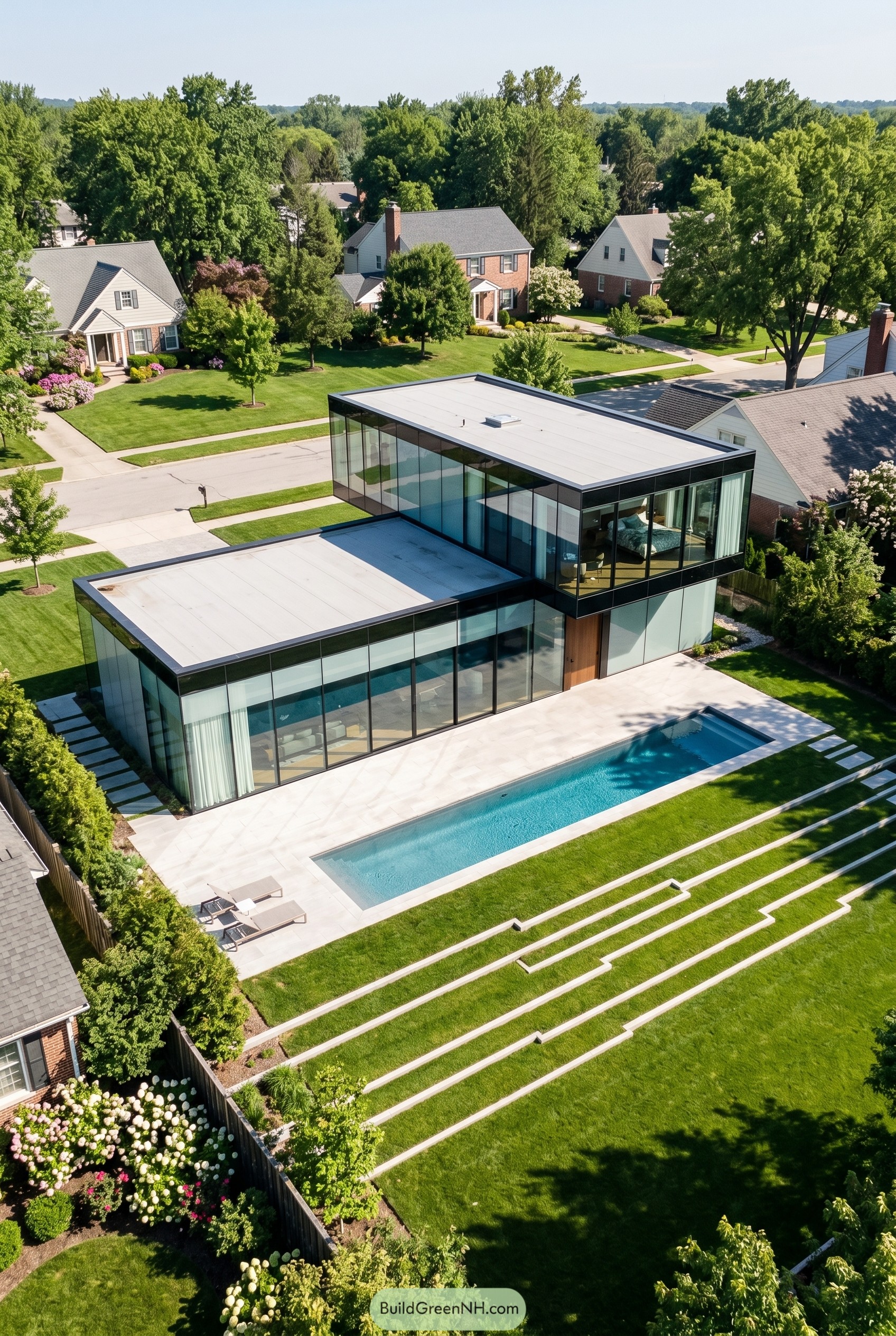 modern glass house with cantilevered upper floor and pool