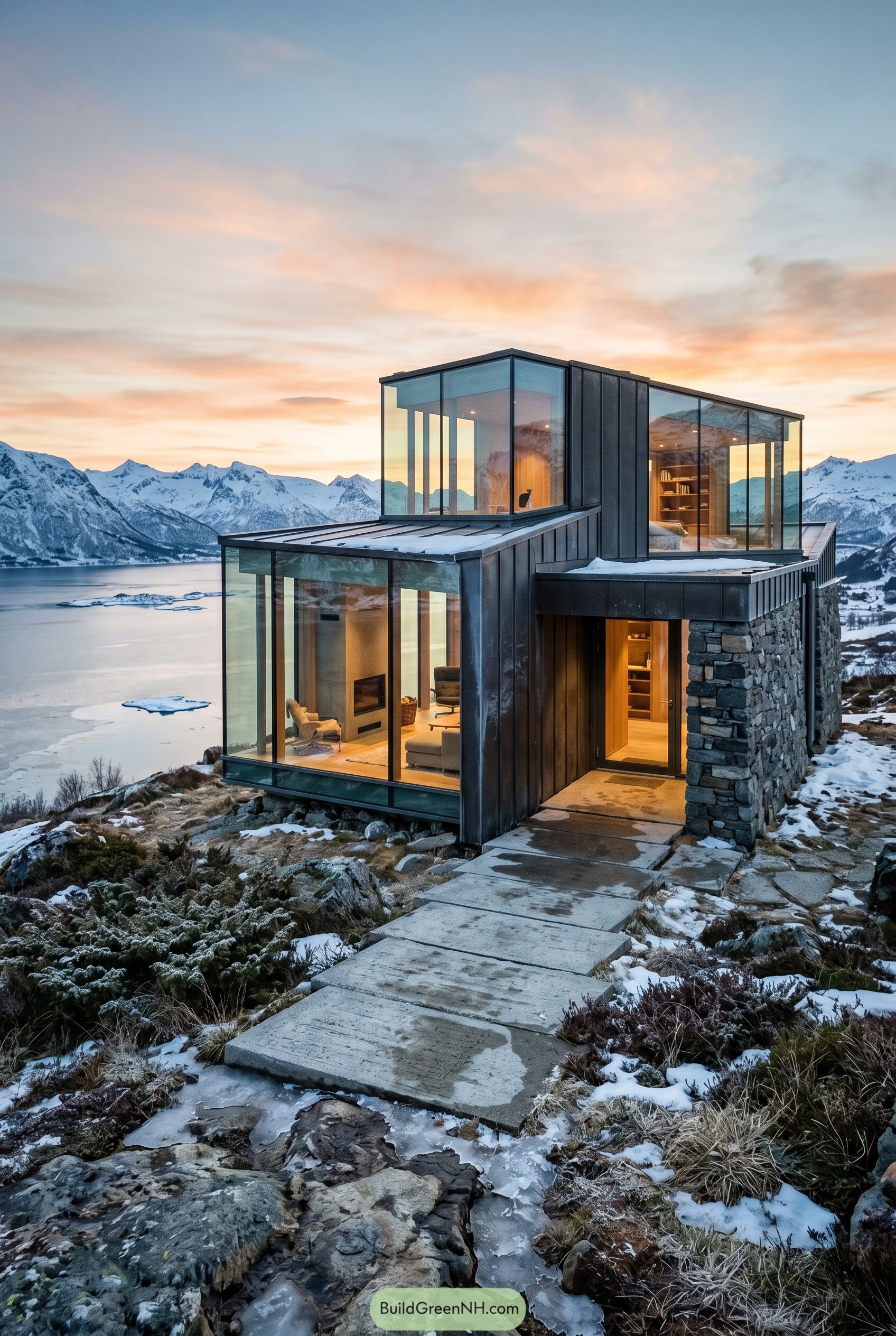 Modern glass house above snowy fjord