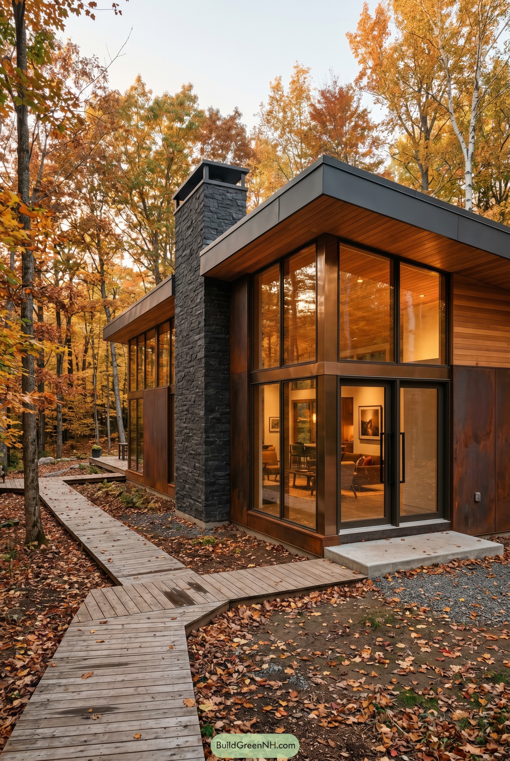 Modern glass house in autumn woods