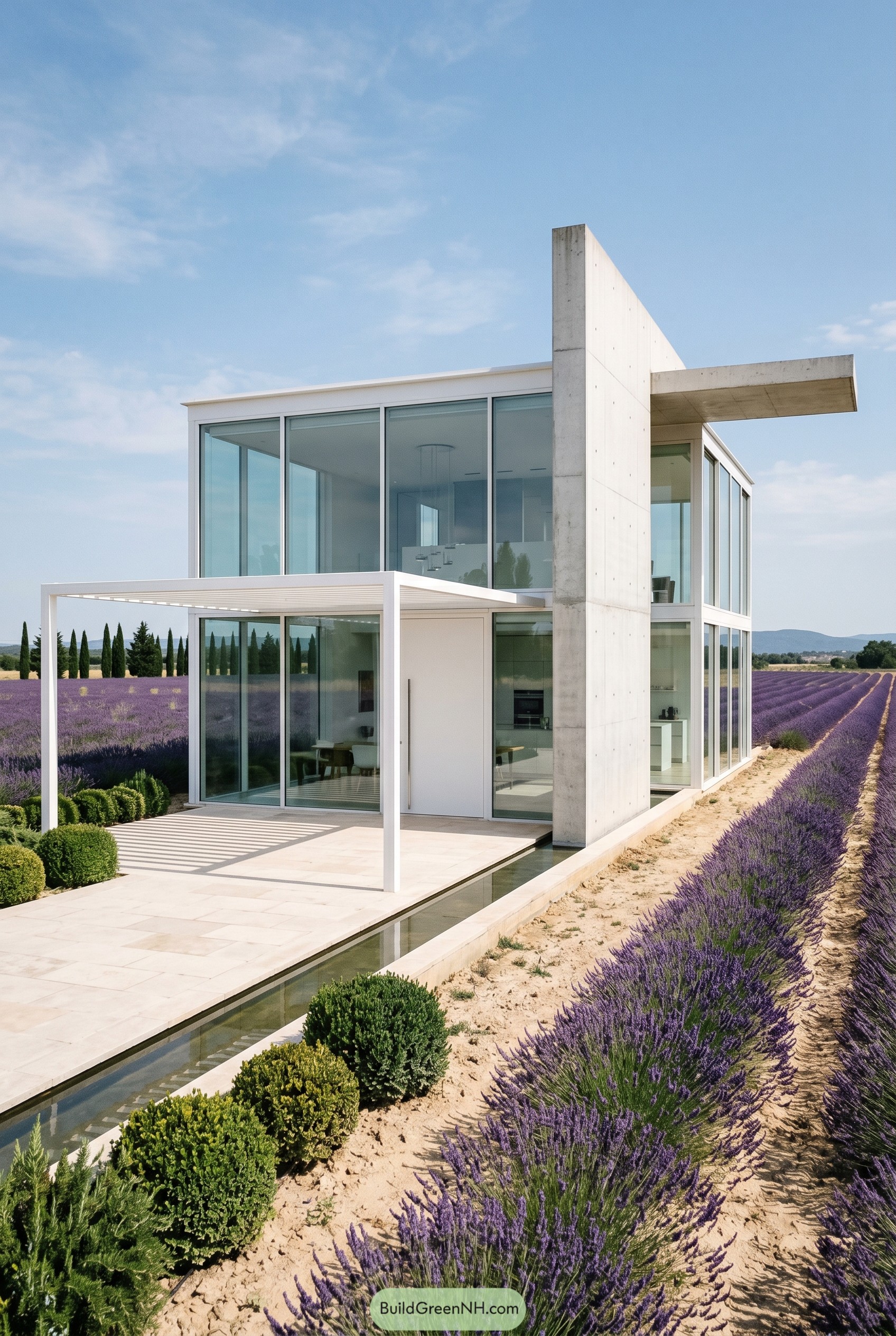 Modern glass villa beside lavender fields