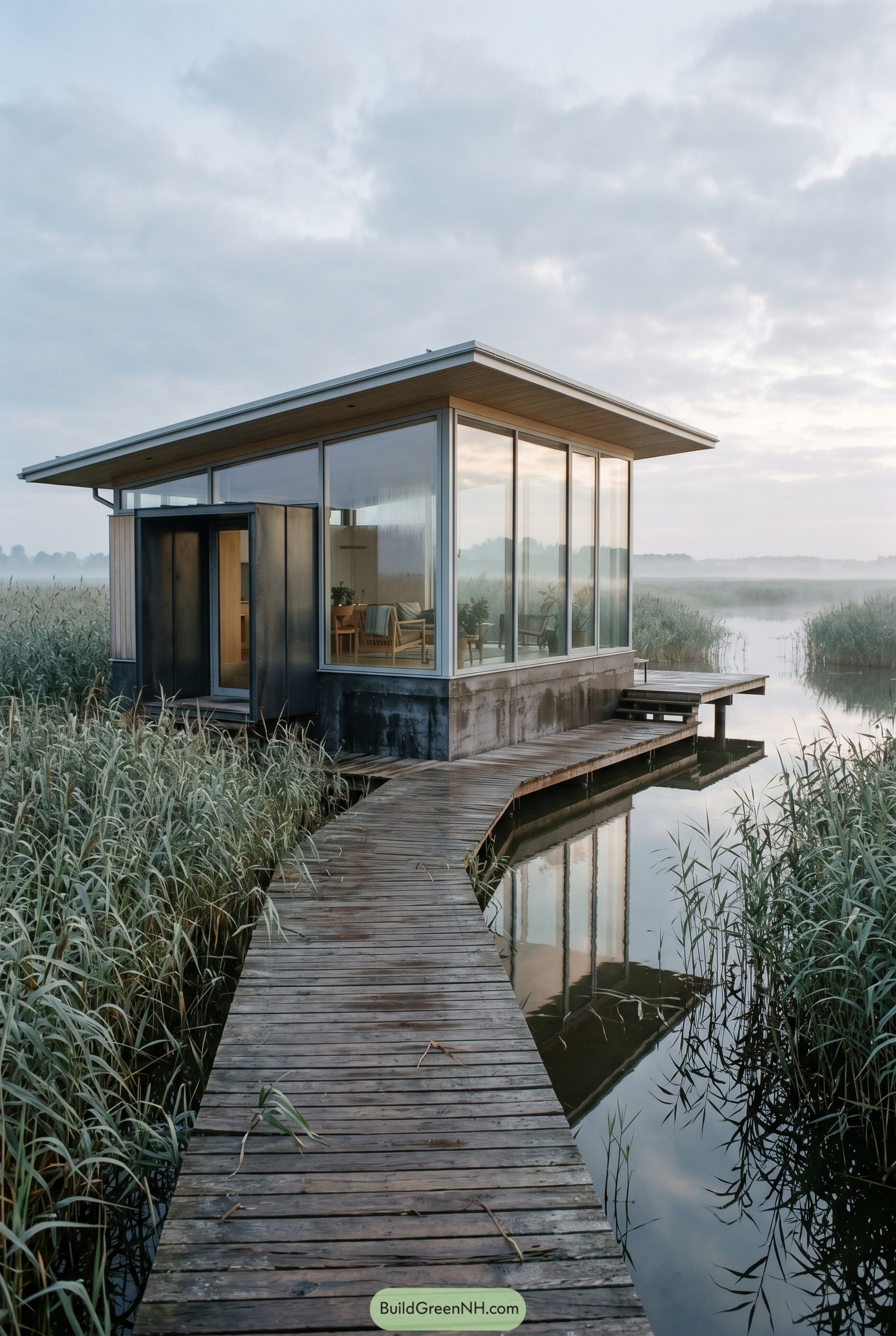 Modern glass house on a marsh boardwalk