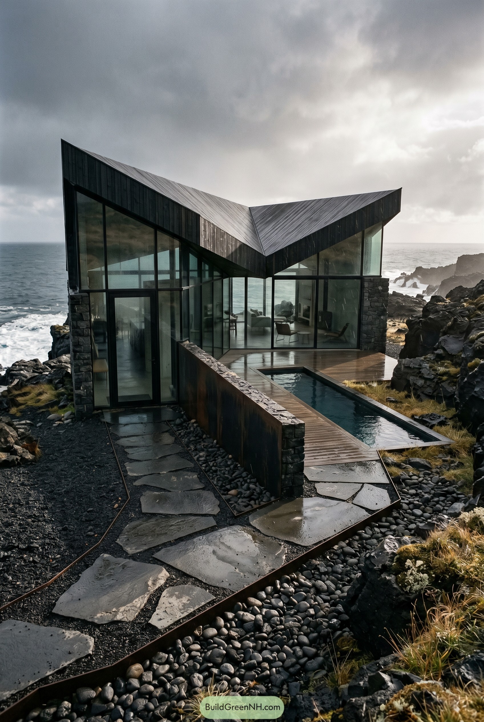 Angular black glass house on rocky shore
