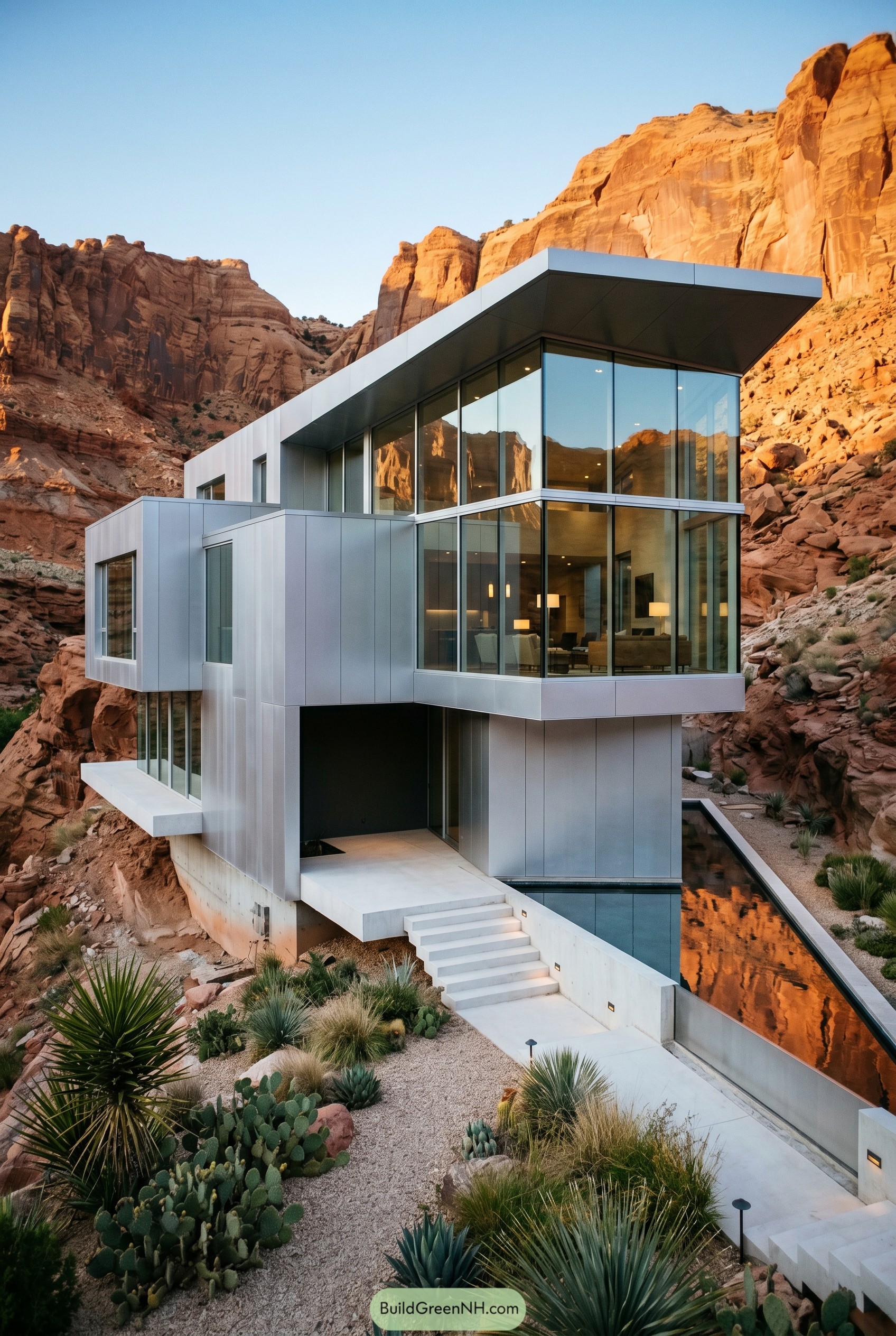 Modern glass house in a red rock canyon