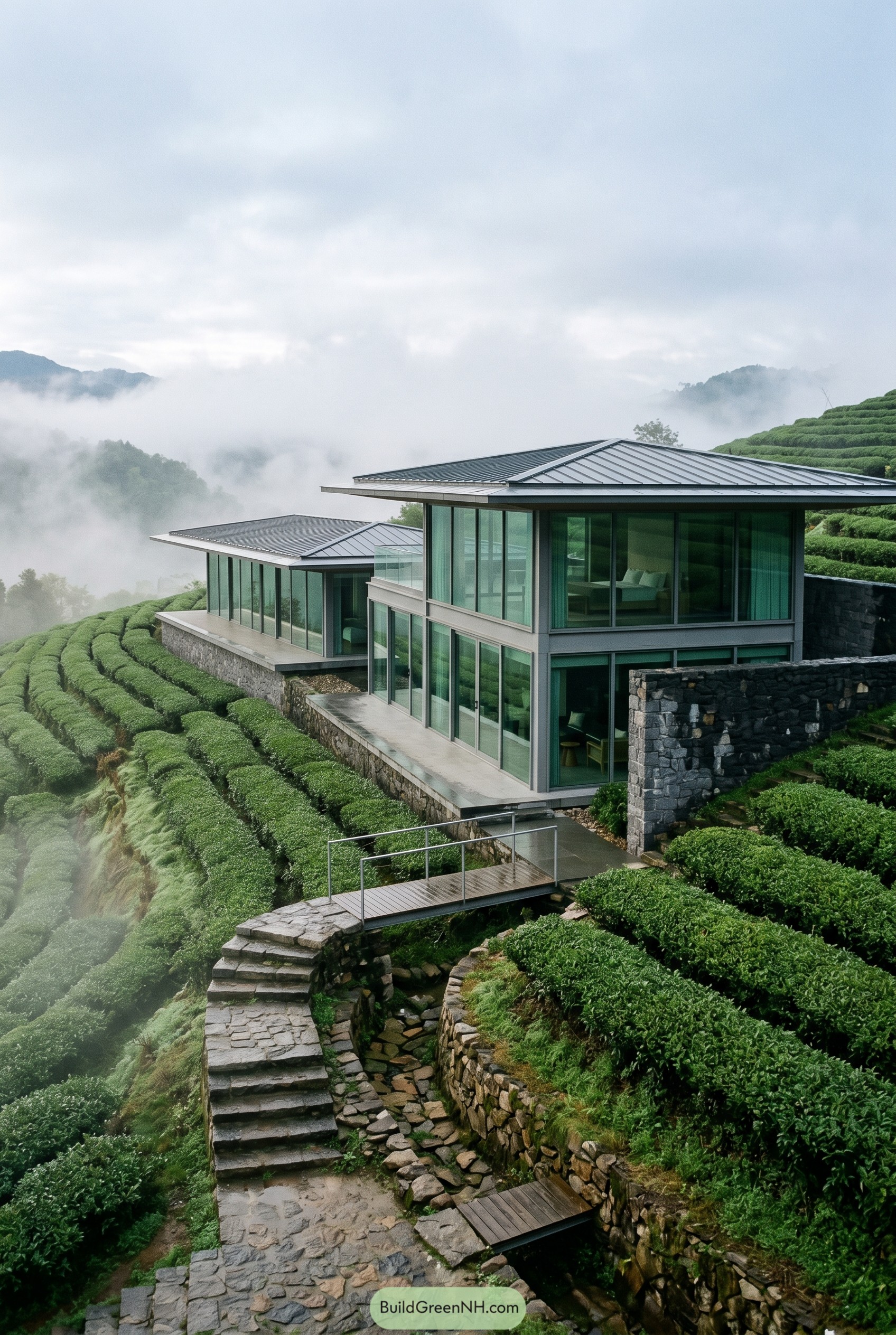 Modern glass house on misty tea terraces