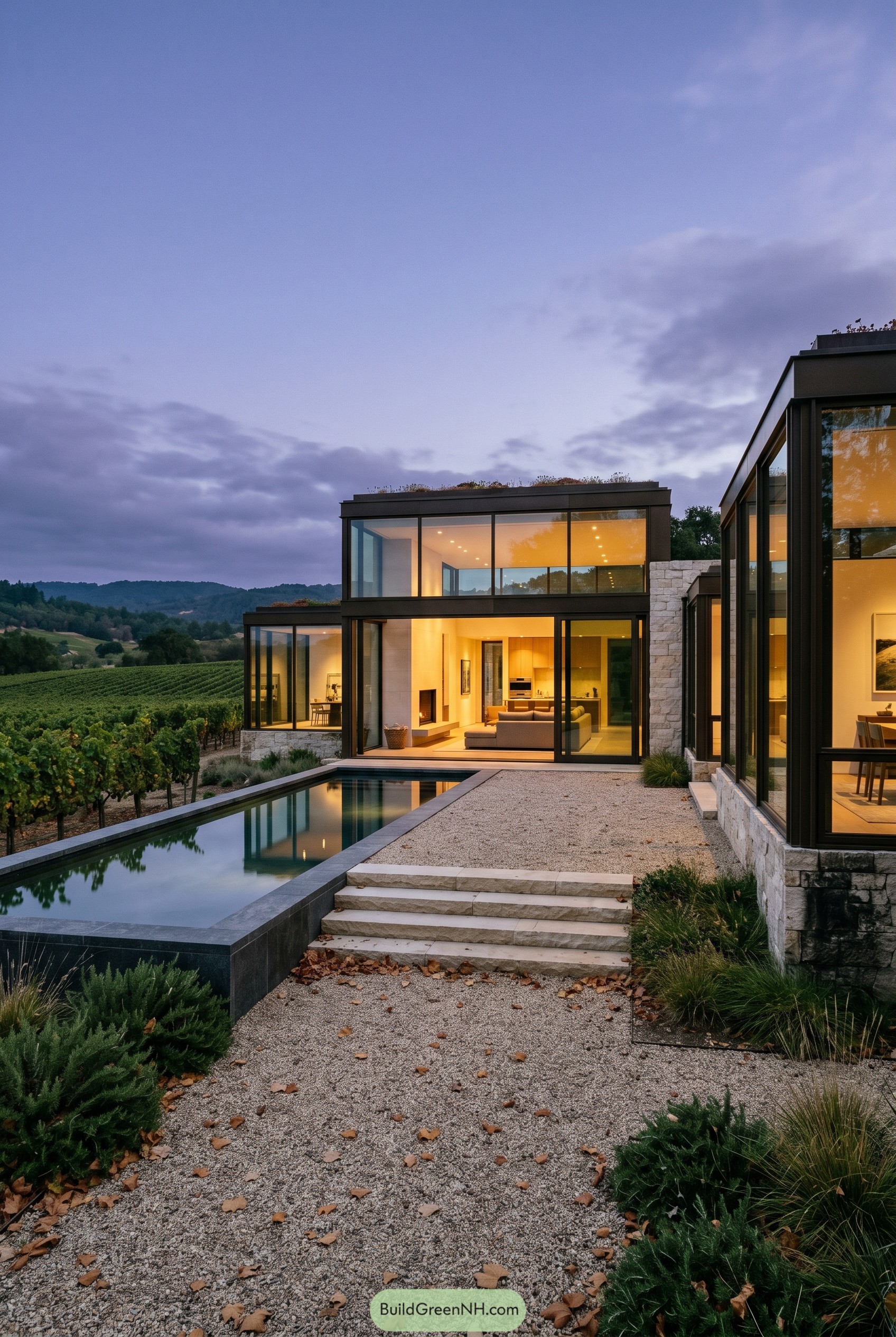 Modern glass house beside vineyard and pool