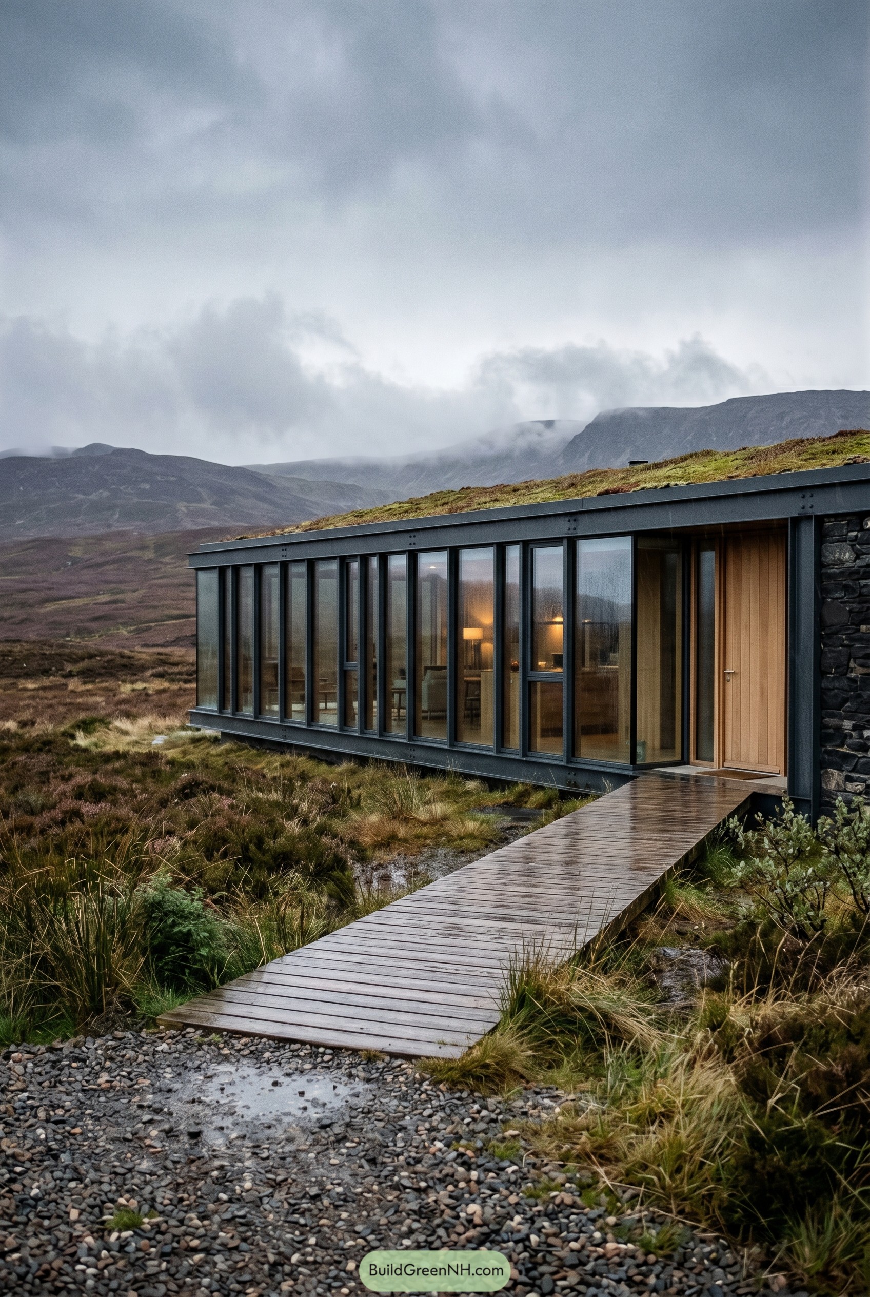 Long glass house with green roof on moorland