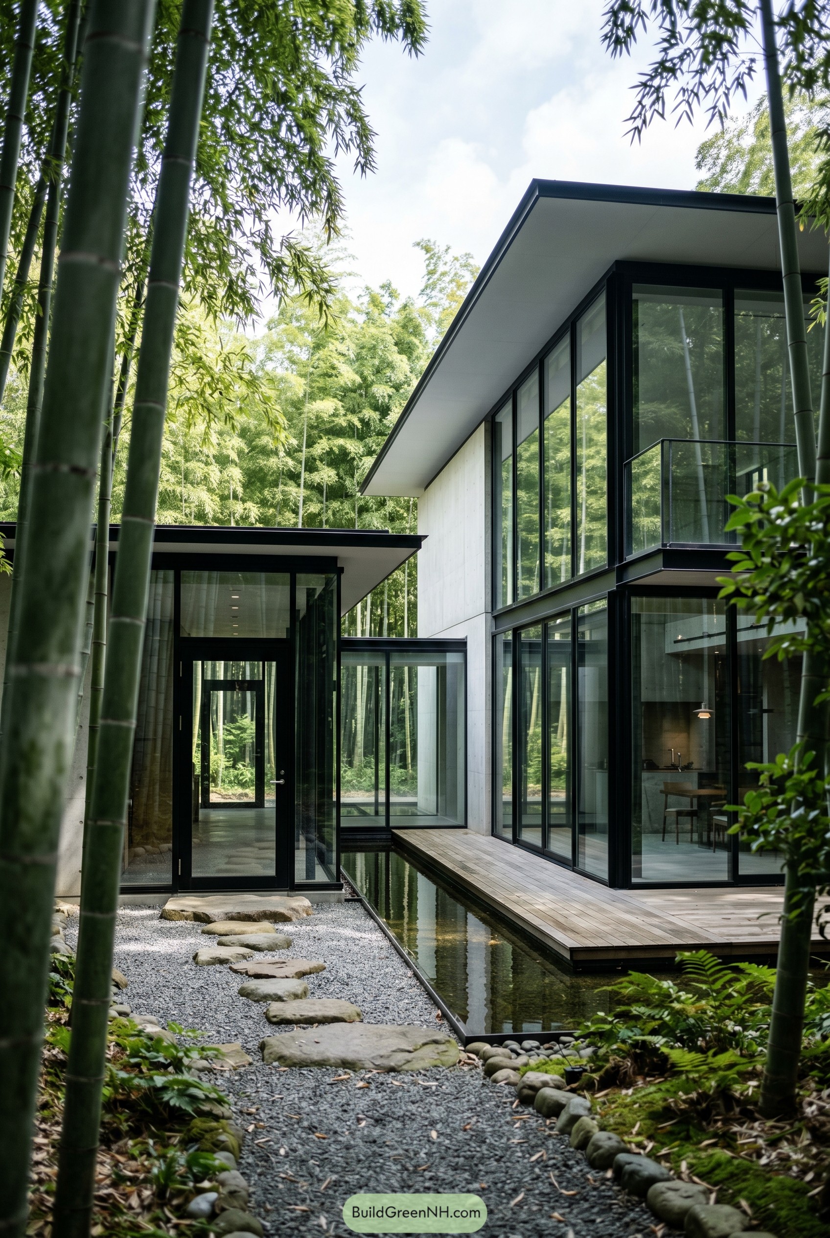 Modern glass house with bamboo courtyard and reflecting pool