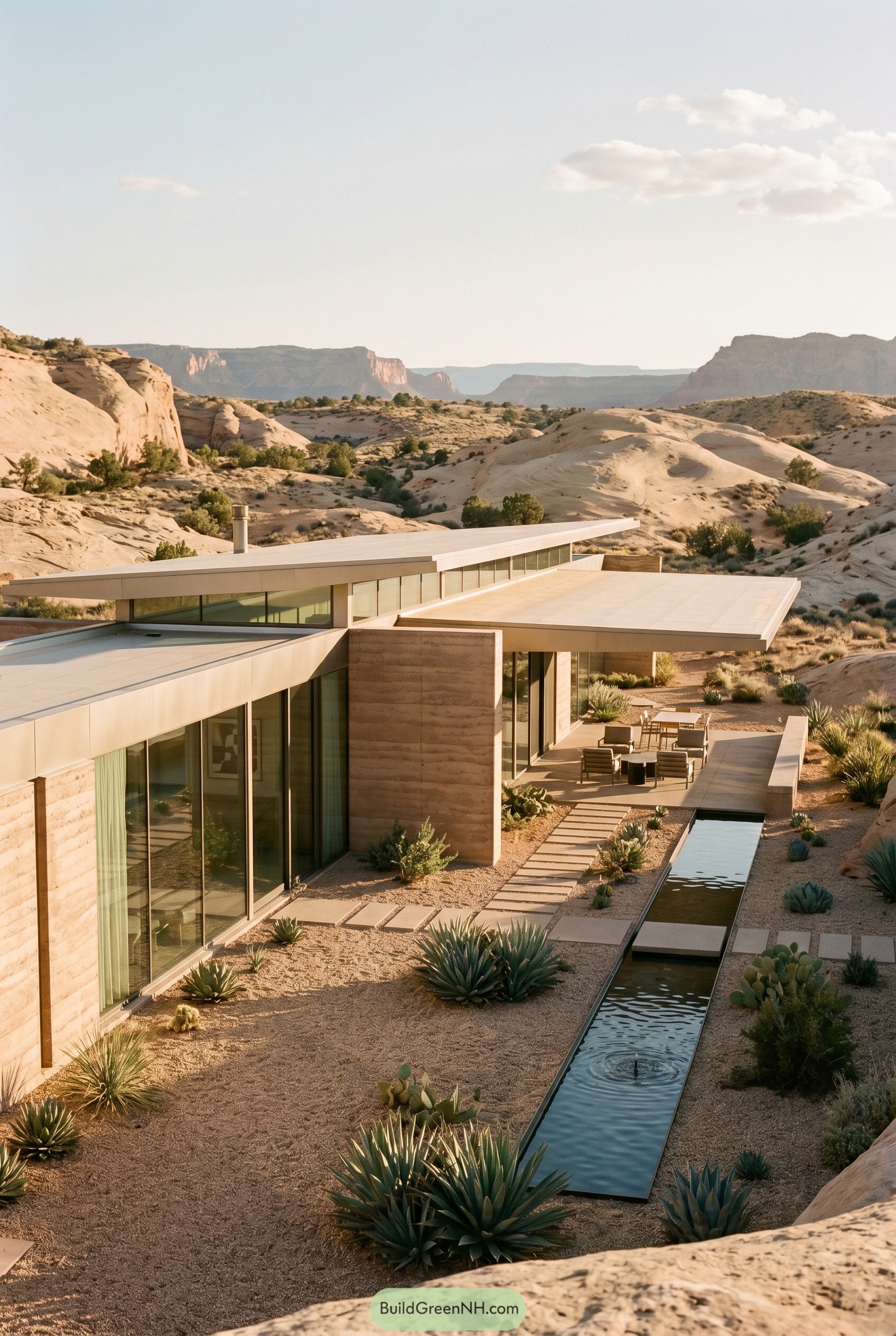 Low glass desert house with reflecting canal