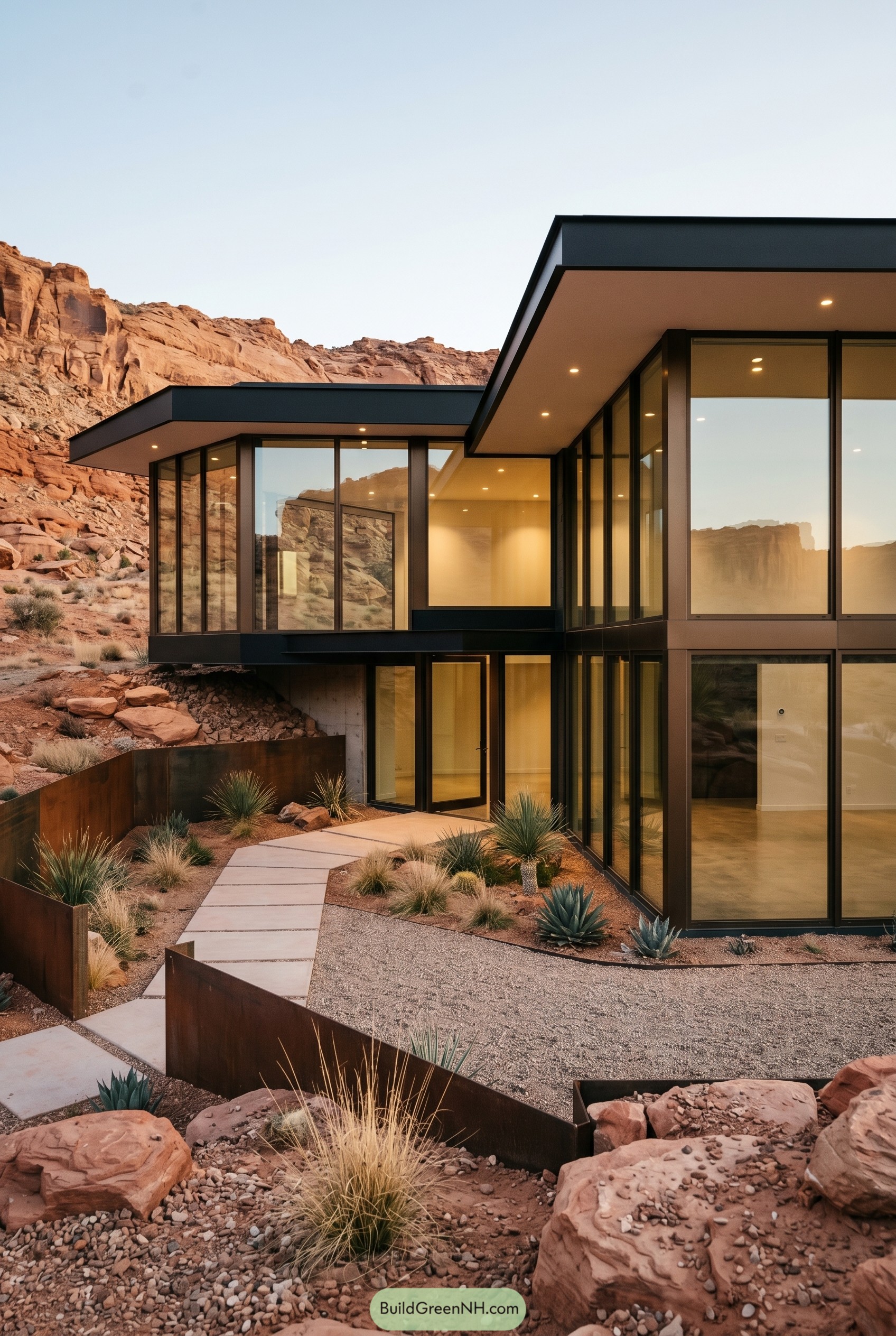 Modern glass house in a rocky desert canyon