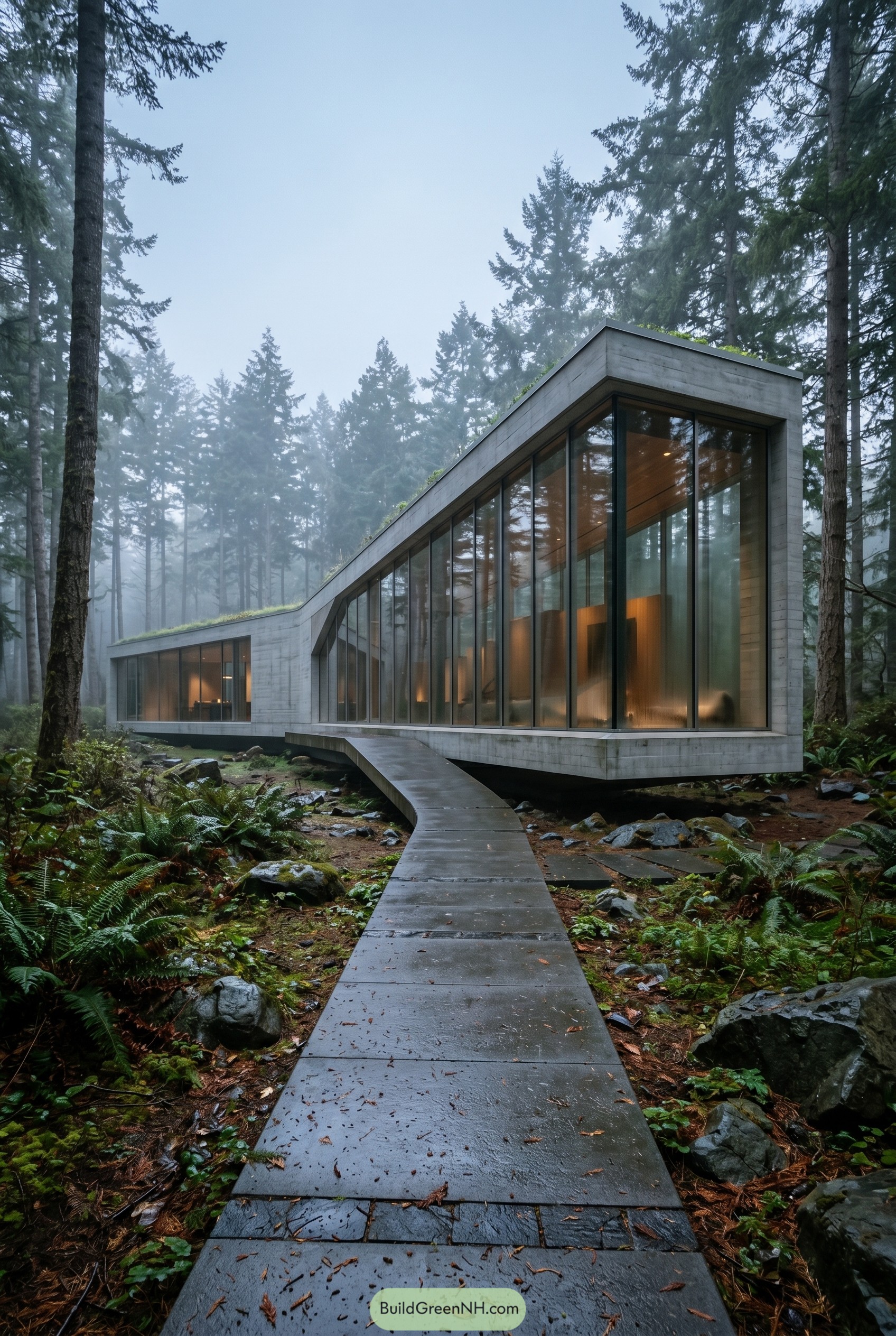 Angular glass house in a misty forest