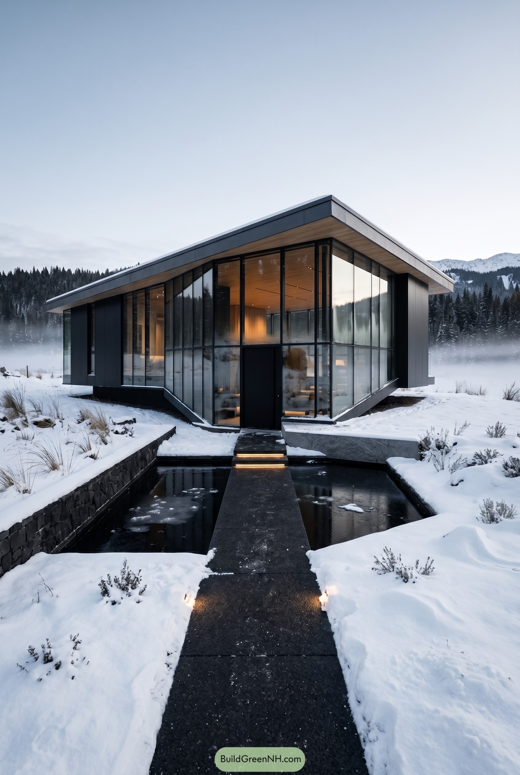 Angular glass house with reflecting pool in snow