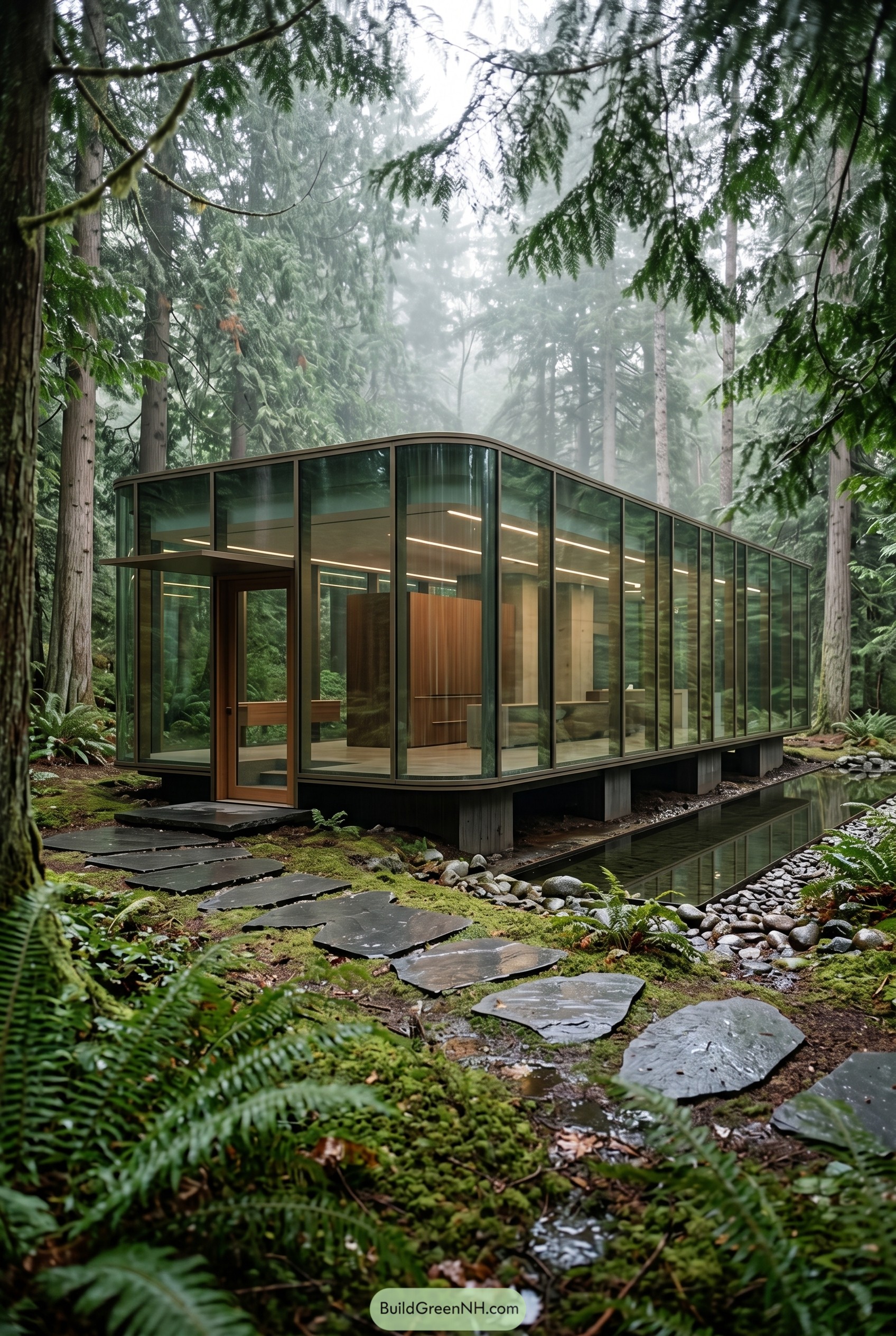 Curved glass house in misty forest