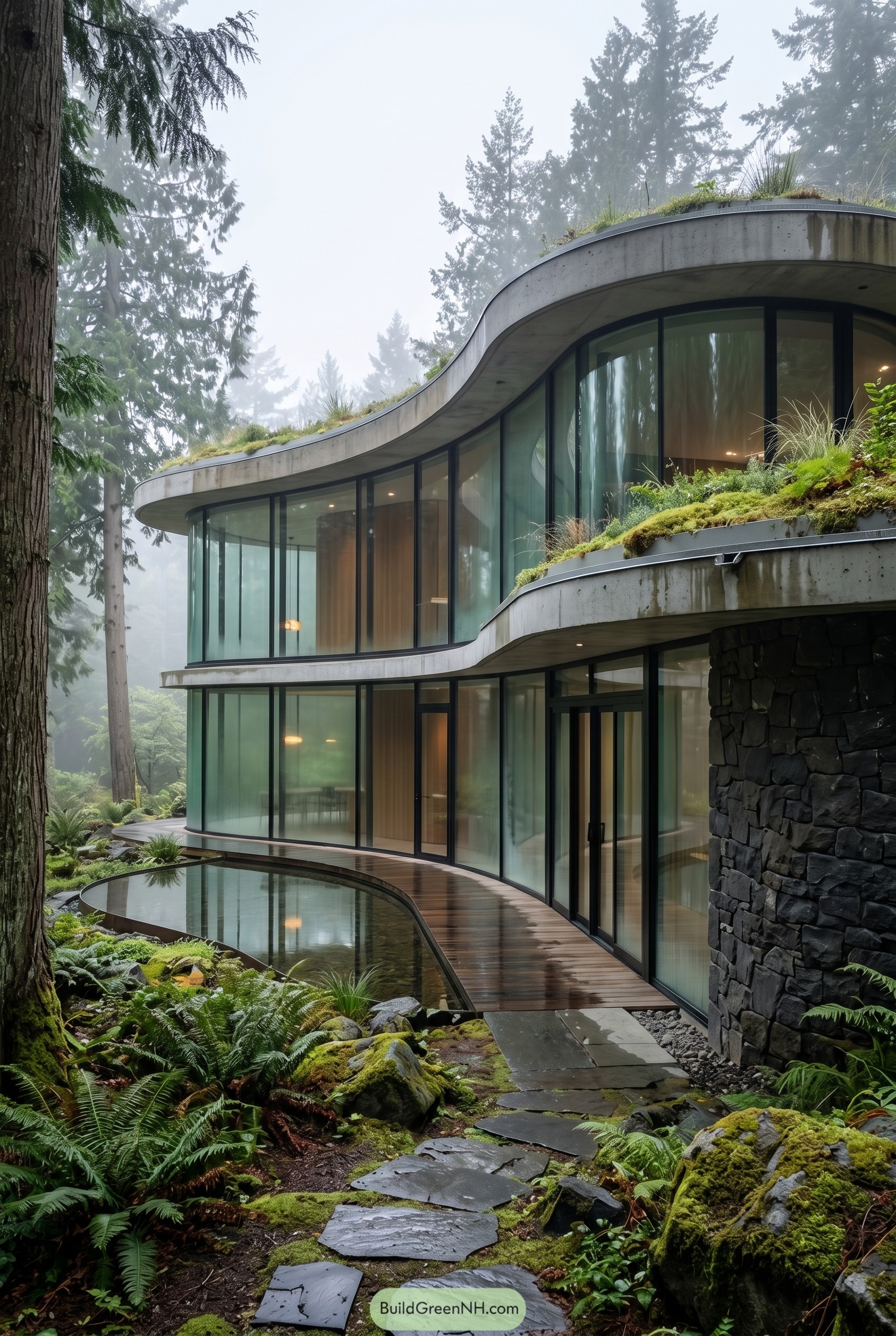 Curved glass house in misty forest