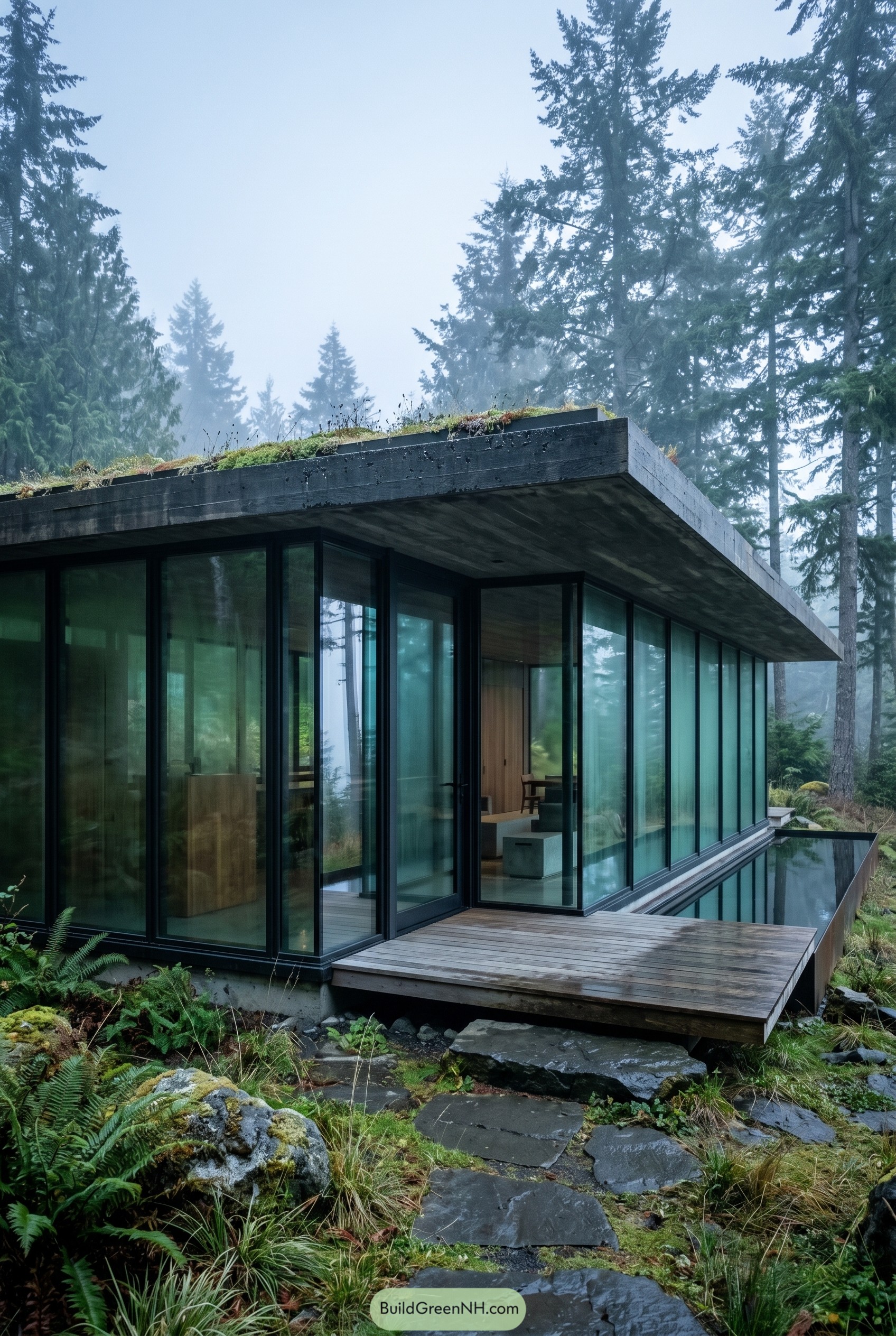 Modern glass house with green roof in misty forest