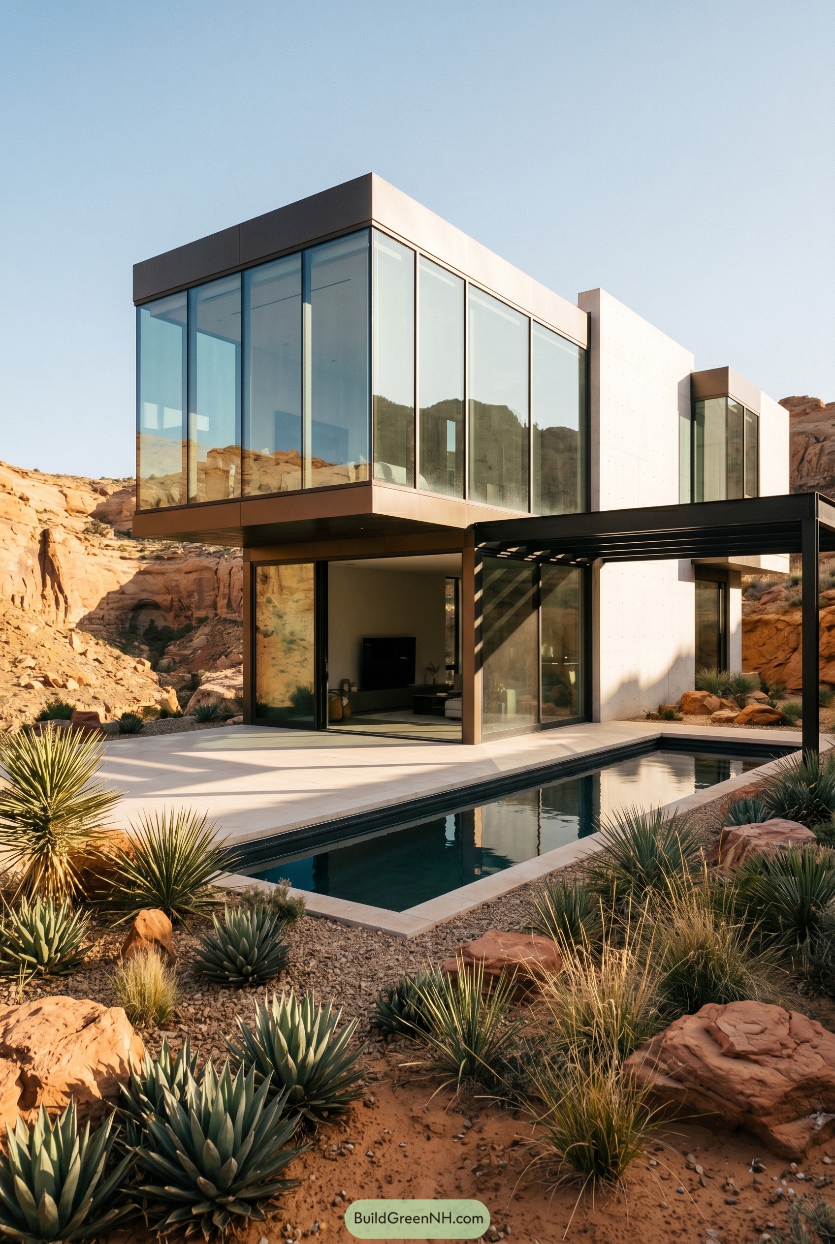Cantilevered glass desert house beside narrow pool