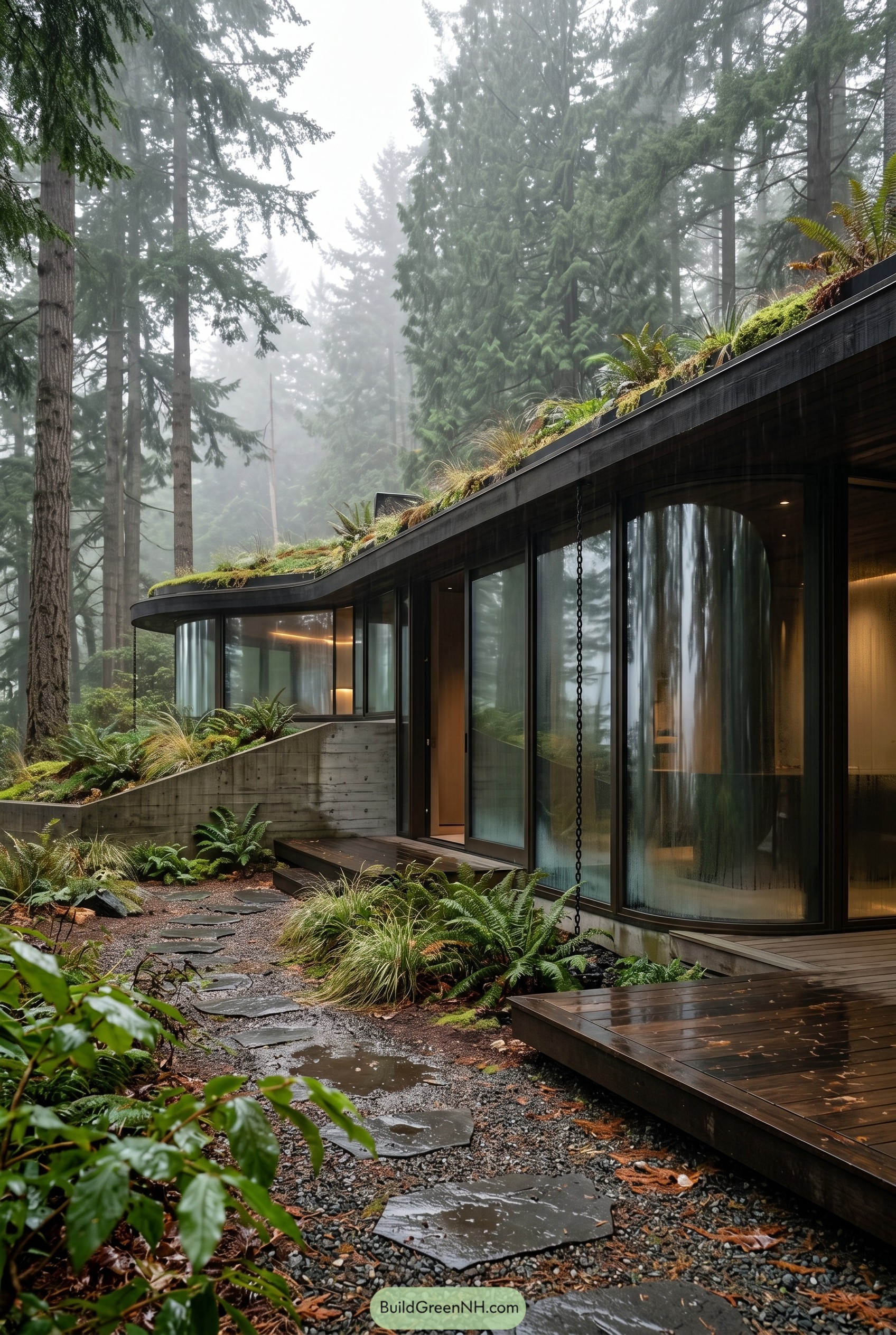 Curved glass house with green roof in misty forest