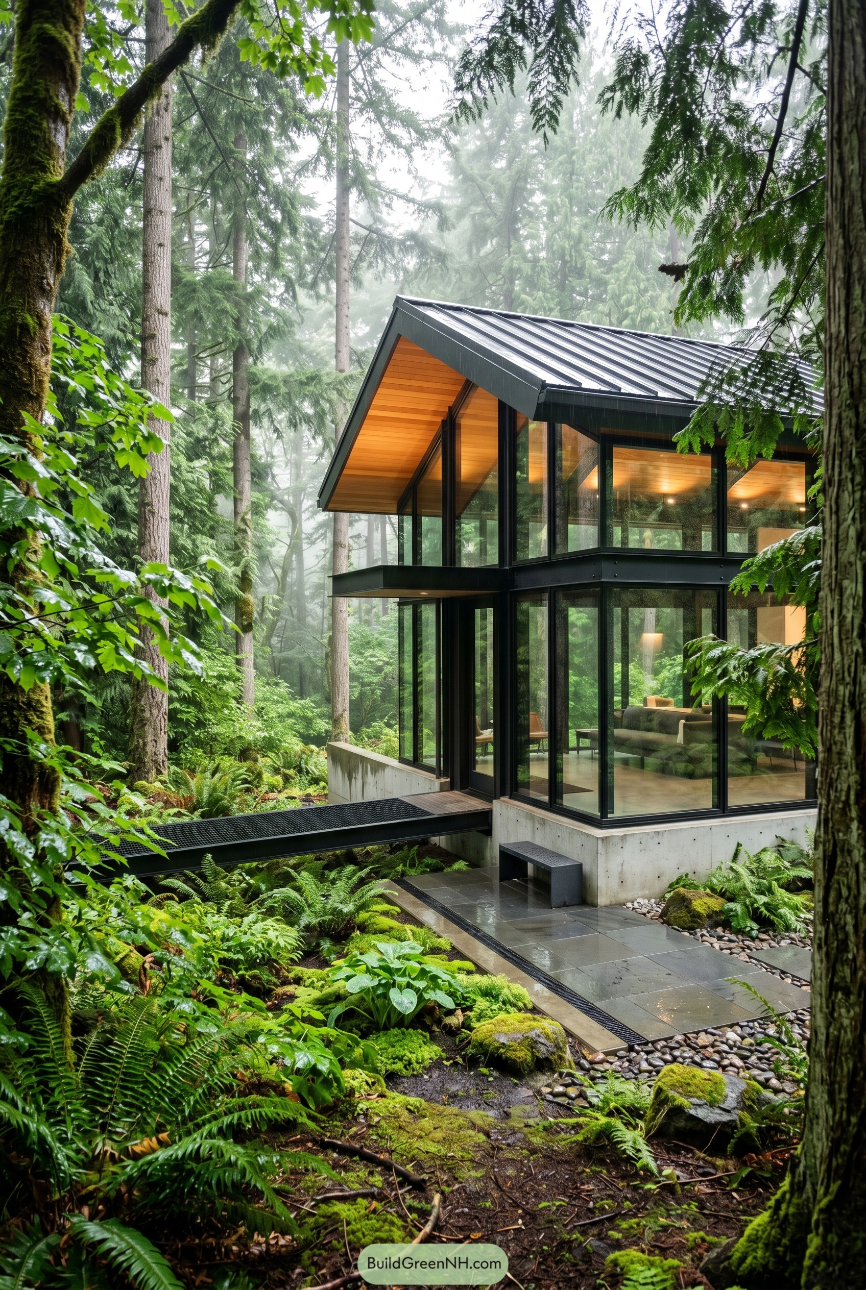 Modern glass house in a misty forest
