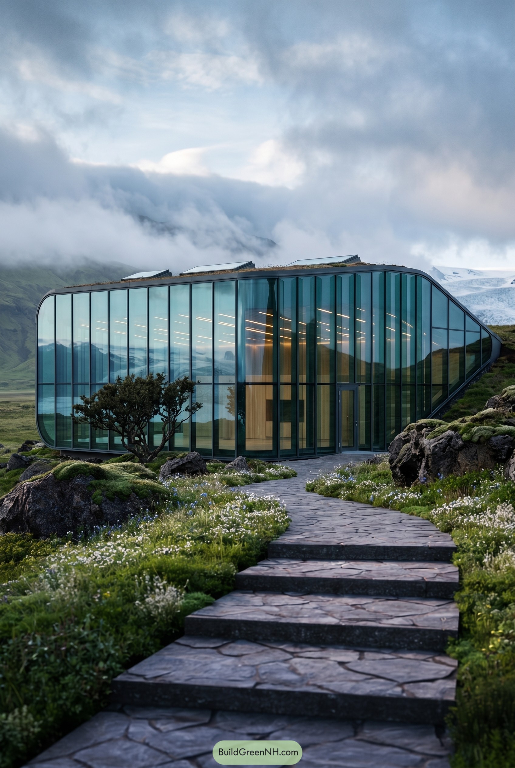 Curved glass house in a misty mountain meadow