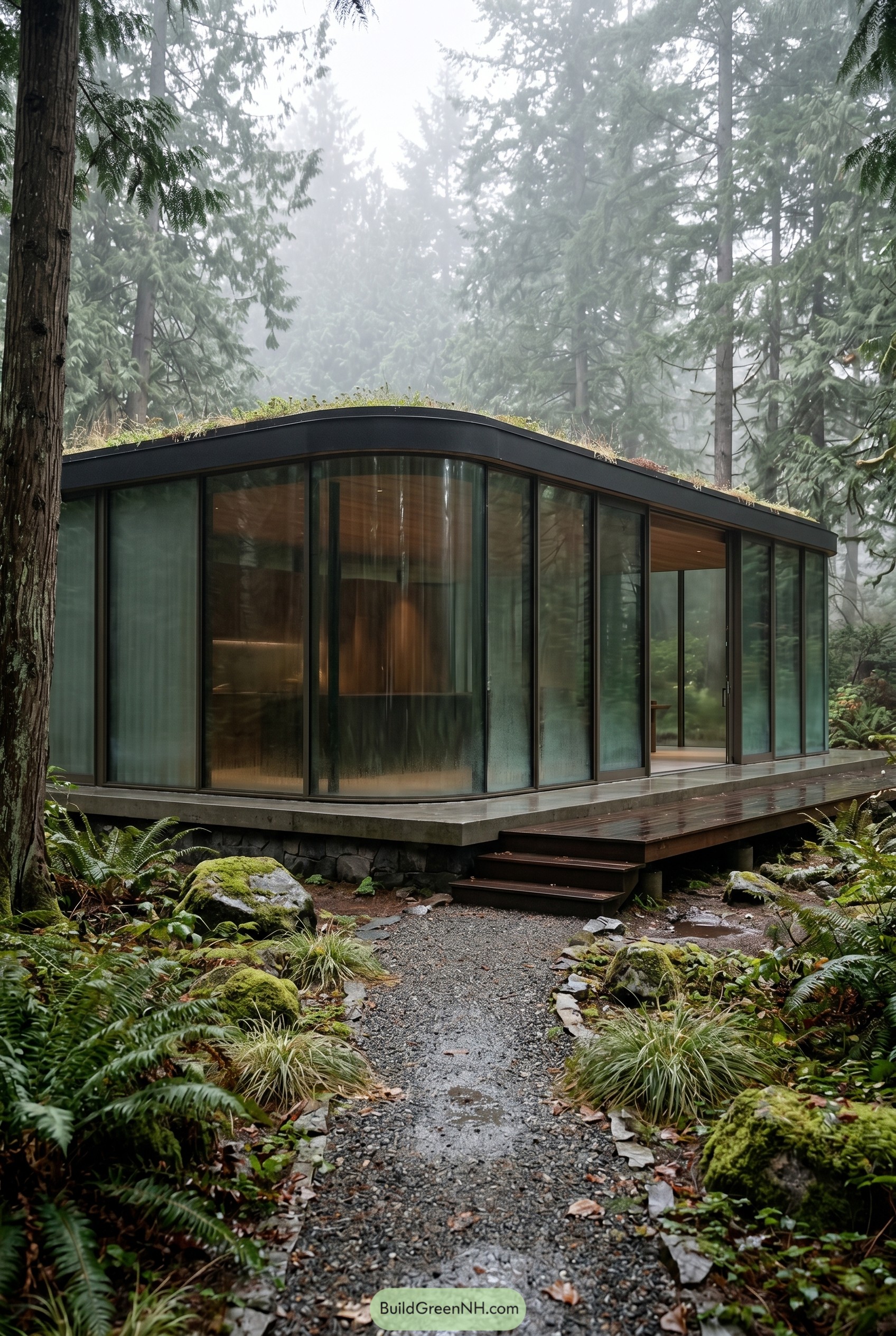 Curved glass house with green roof in a misty forest