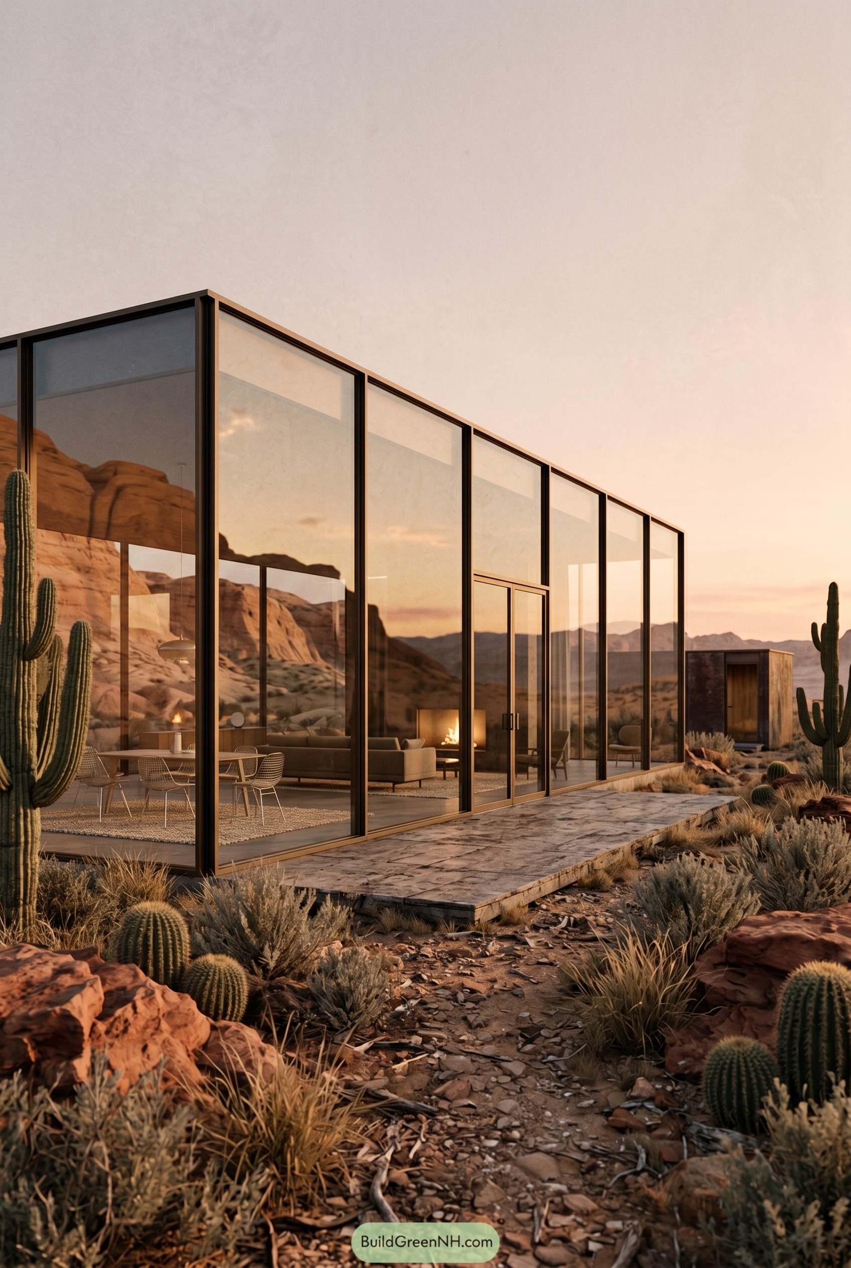 Minimal glass desert house among cacti at sunset