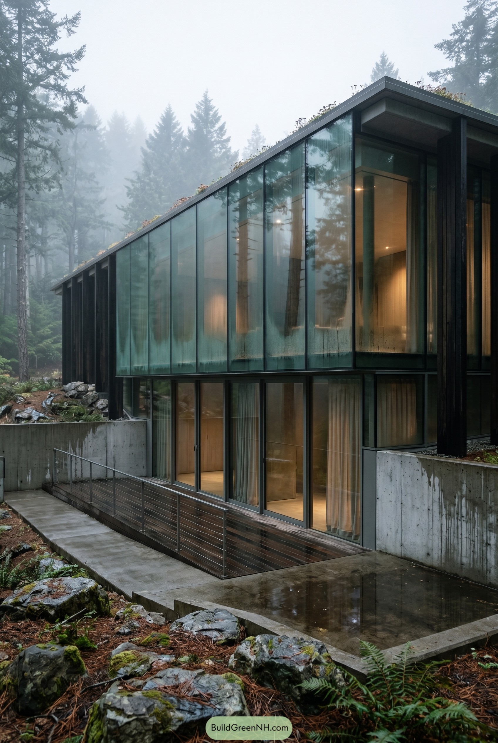 Two story glass wedge home in misty forest