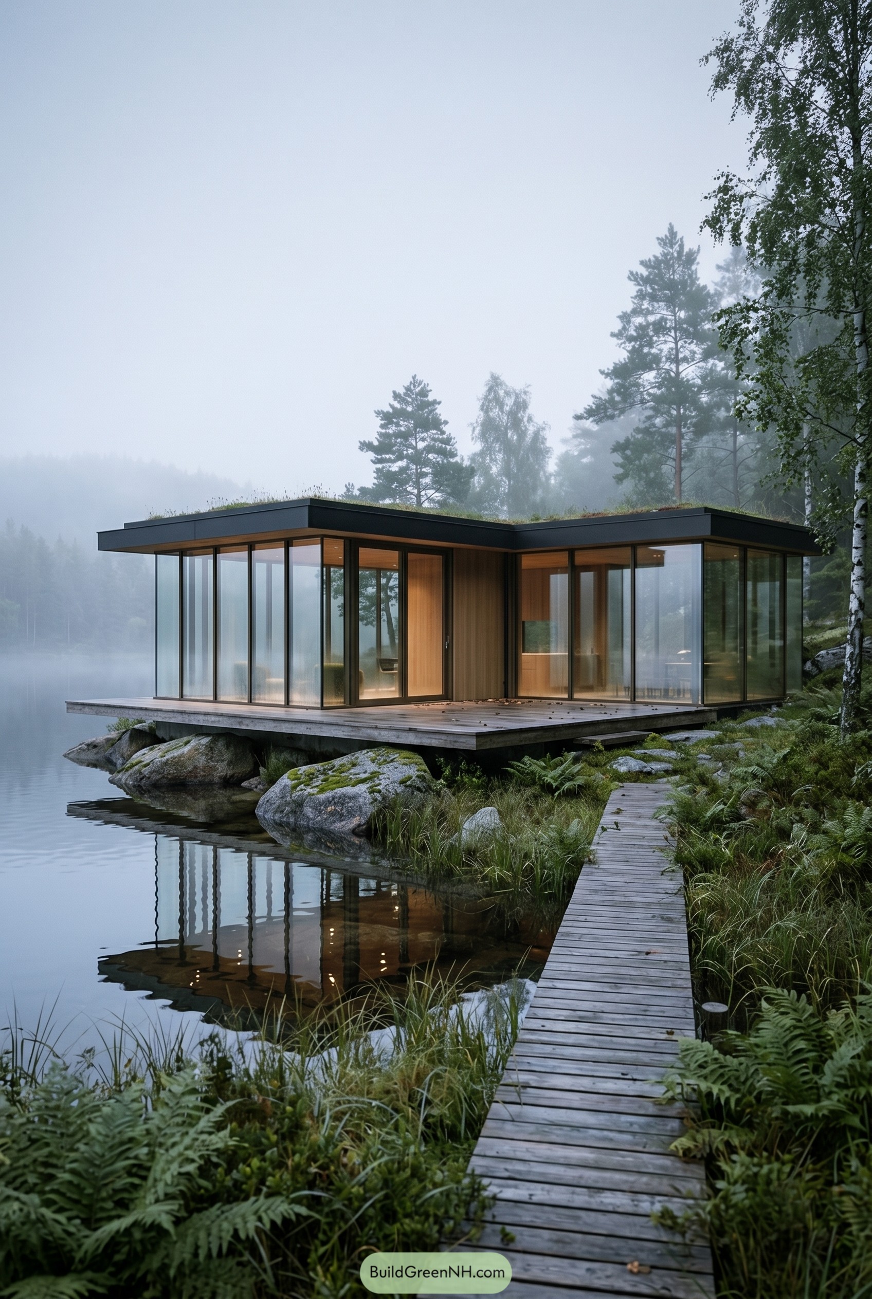 Modern glass house on a misty lakeshore