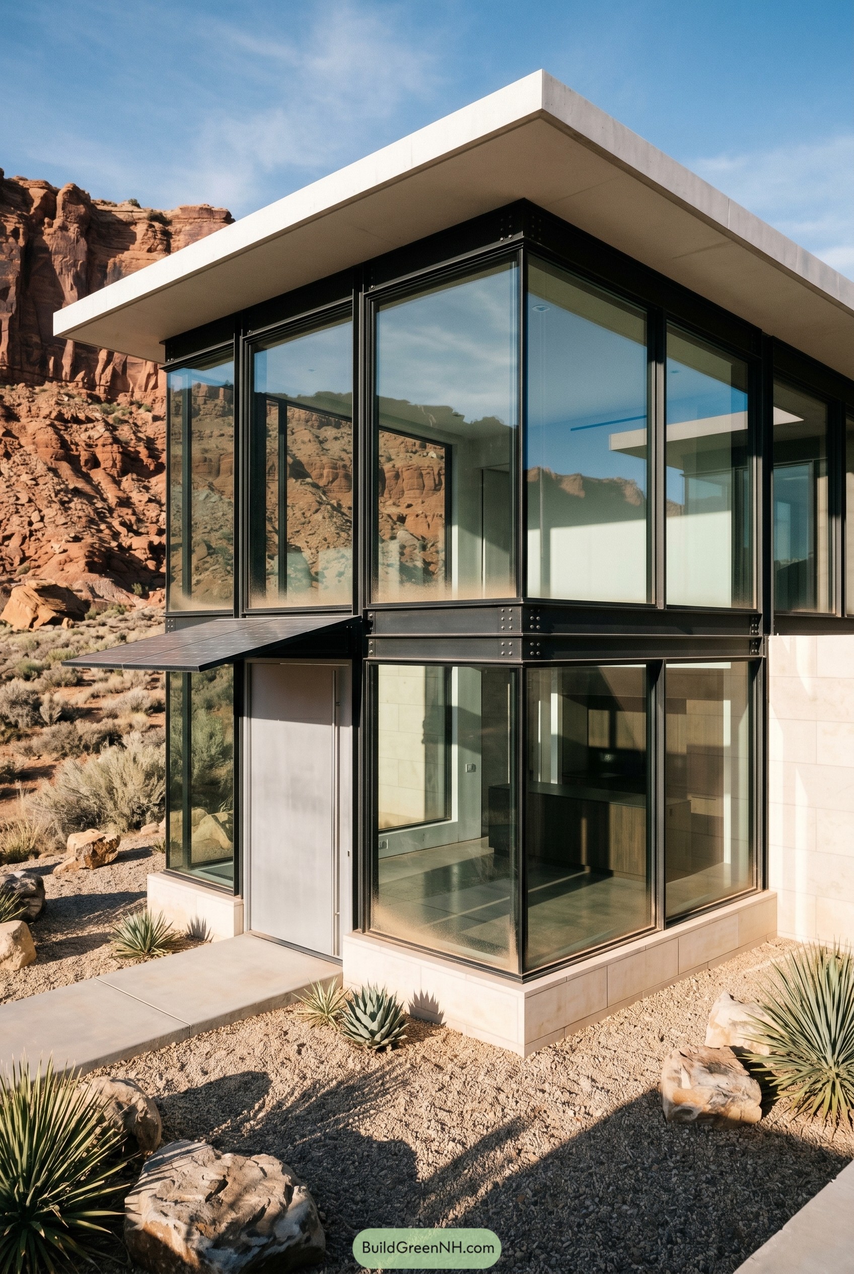 Two story glass house with black steel frame in red desert