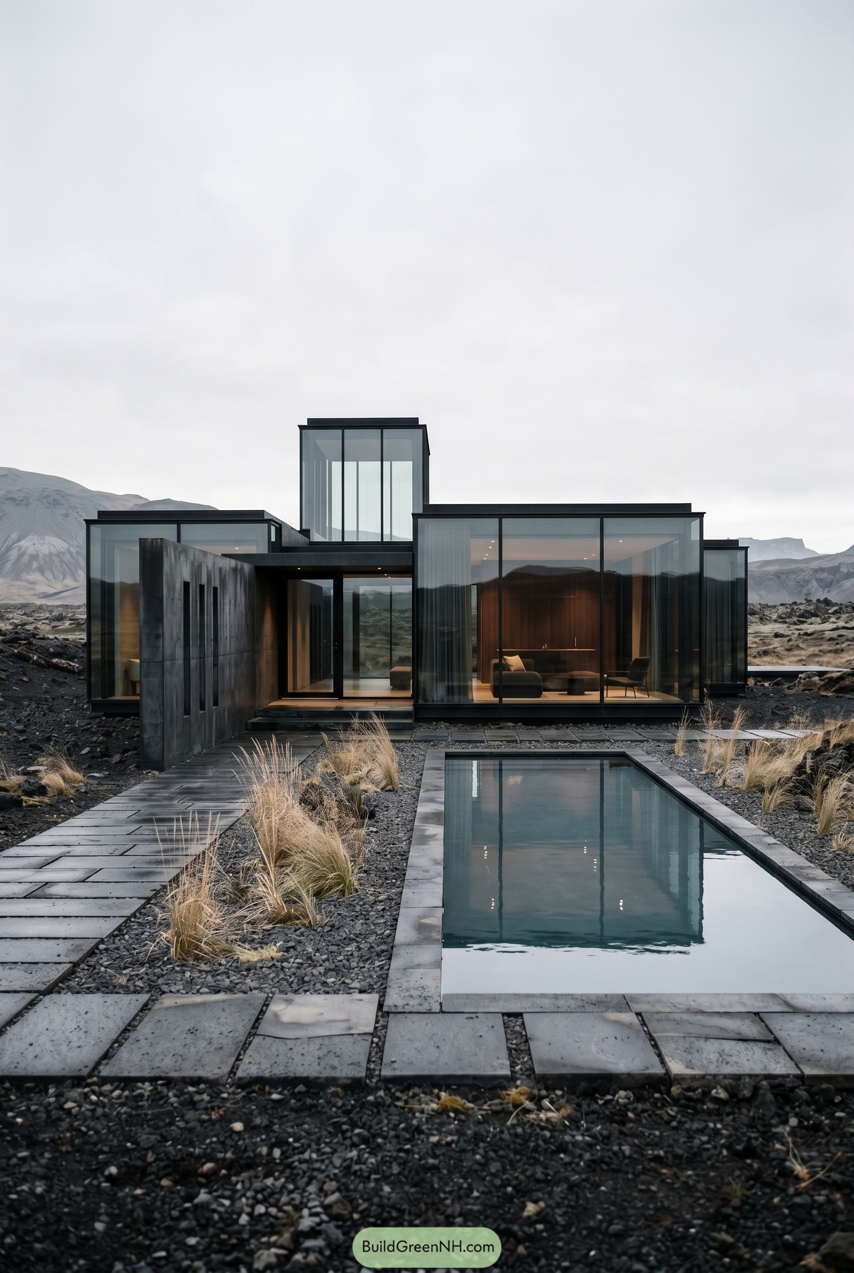 Black framed glass house with reflecting pool
