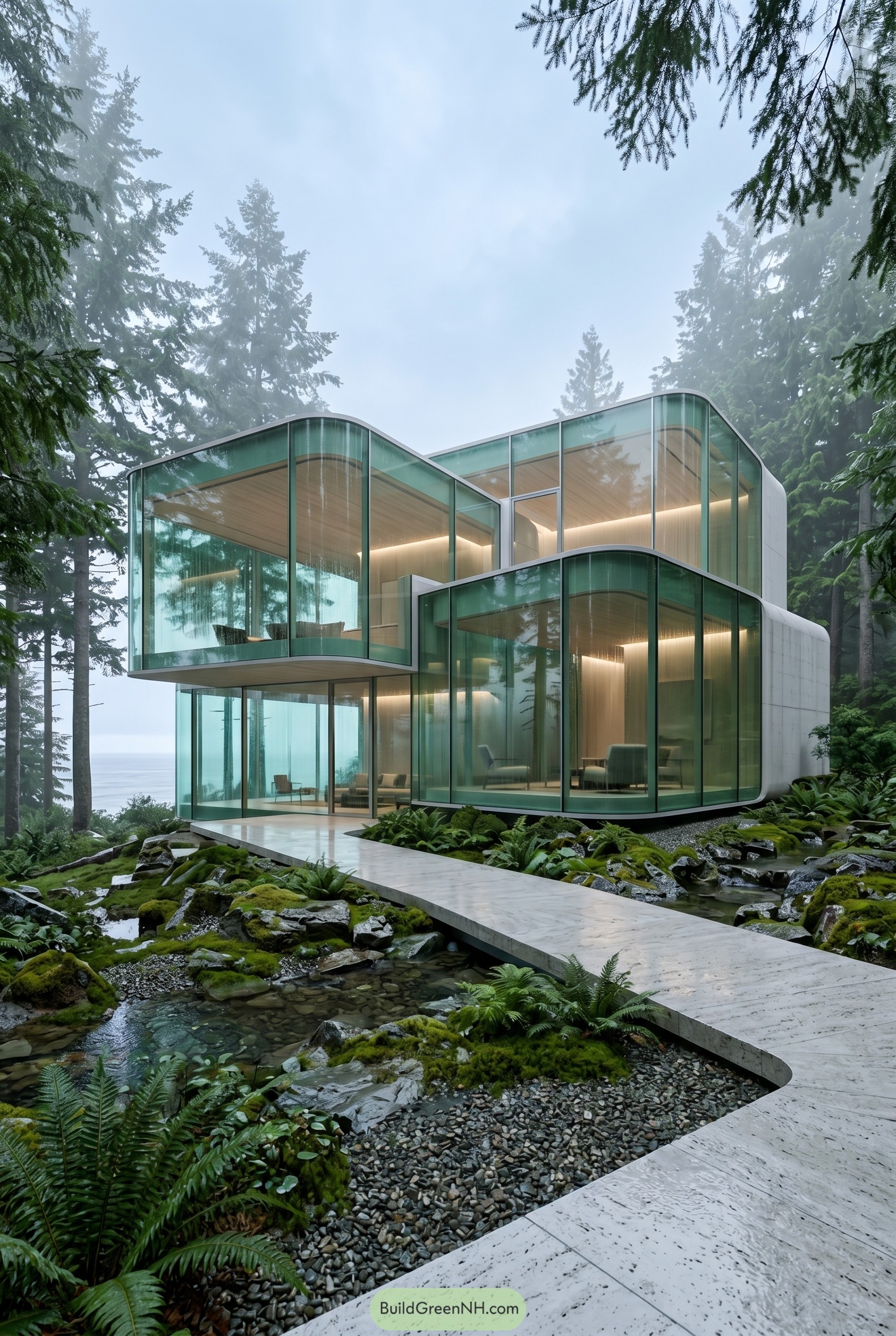 Curved glass house in a misty forest