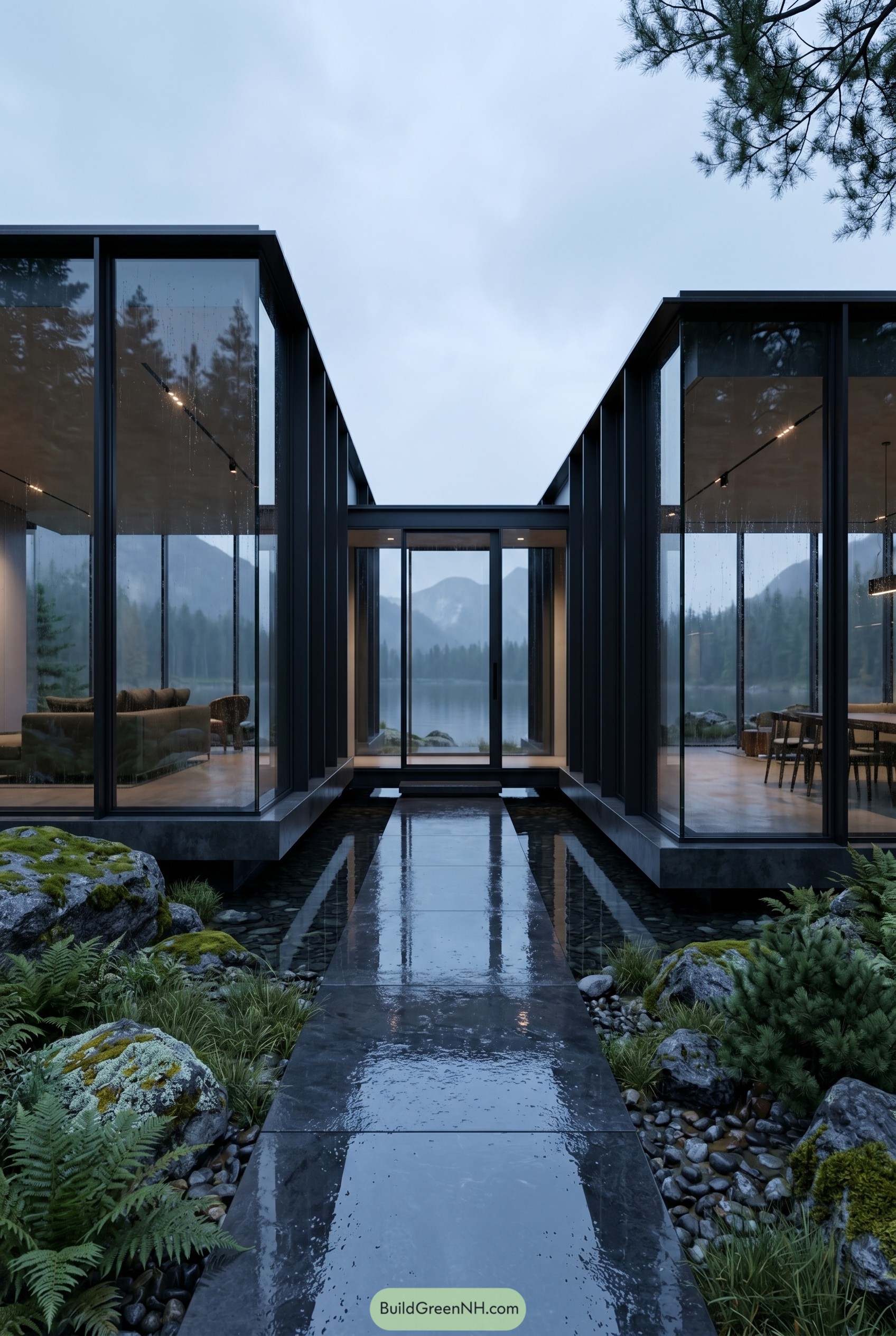 Modern glass house with twin wings and reflecting water court