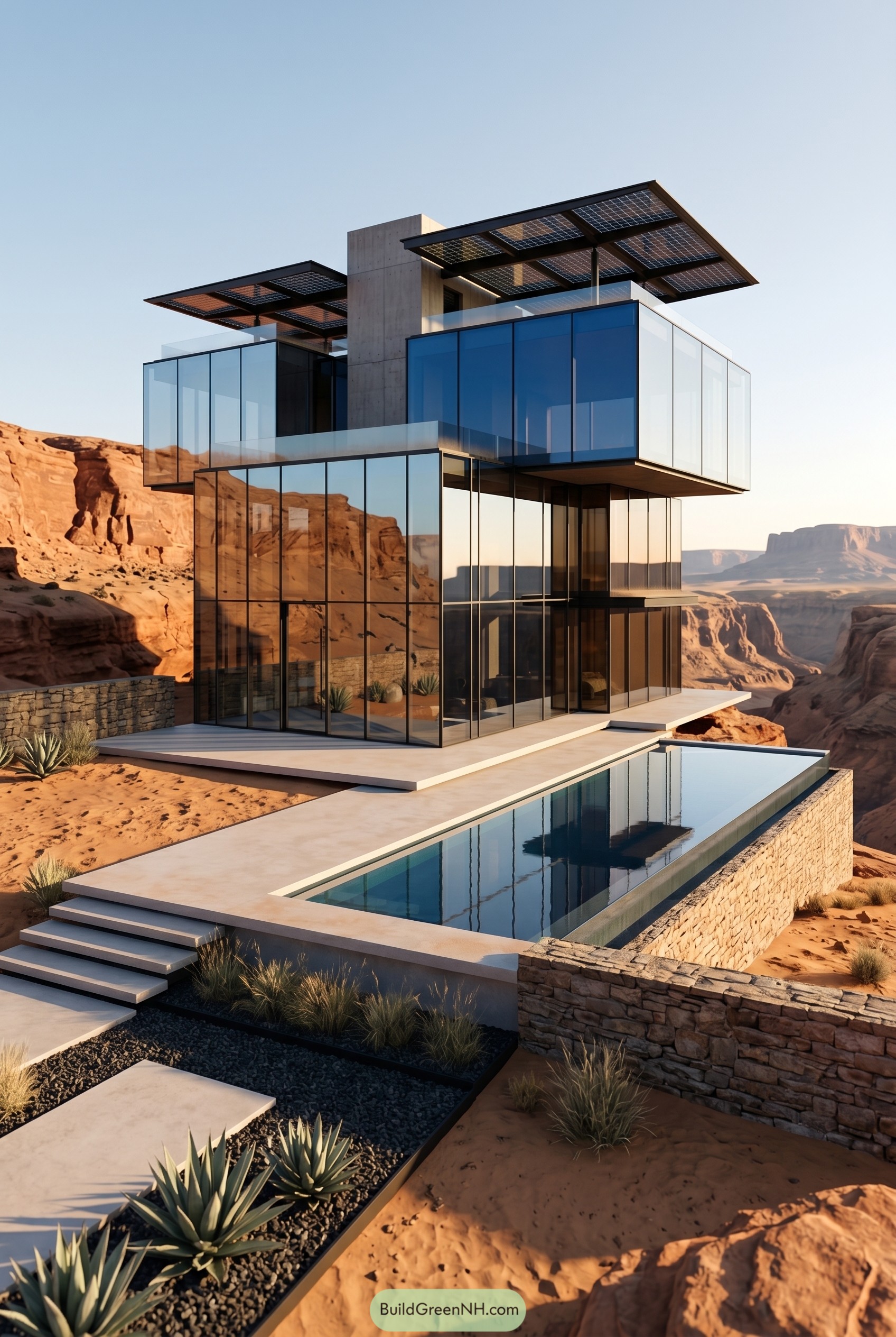 Cantilevered glass house with desert pool