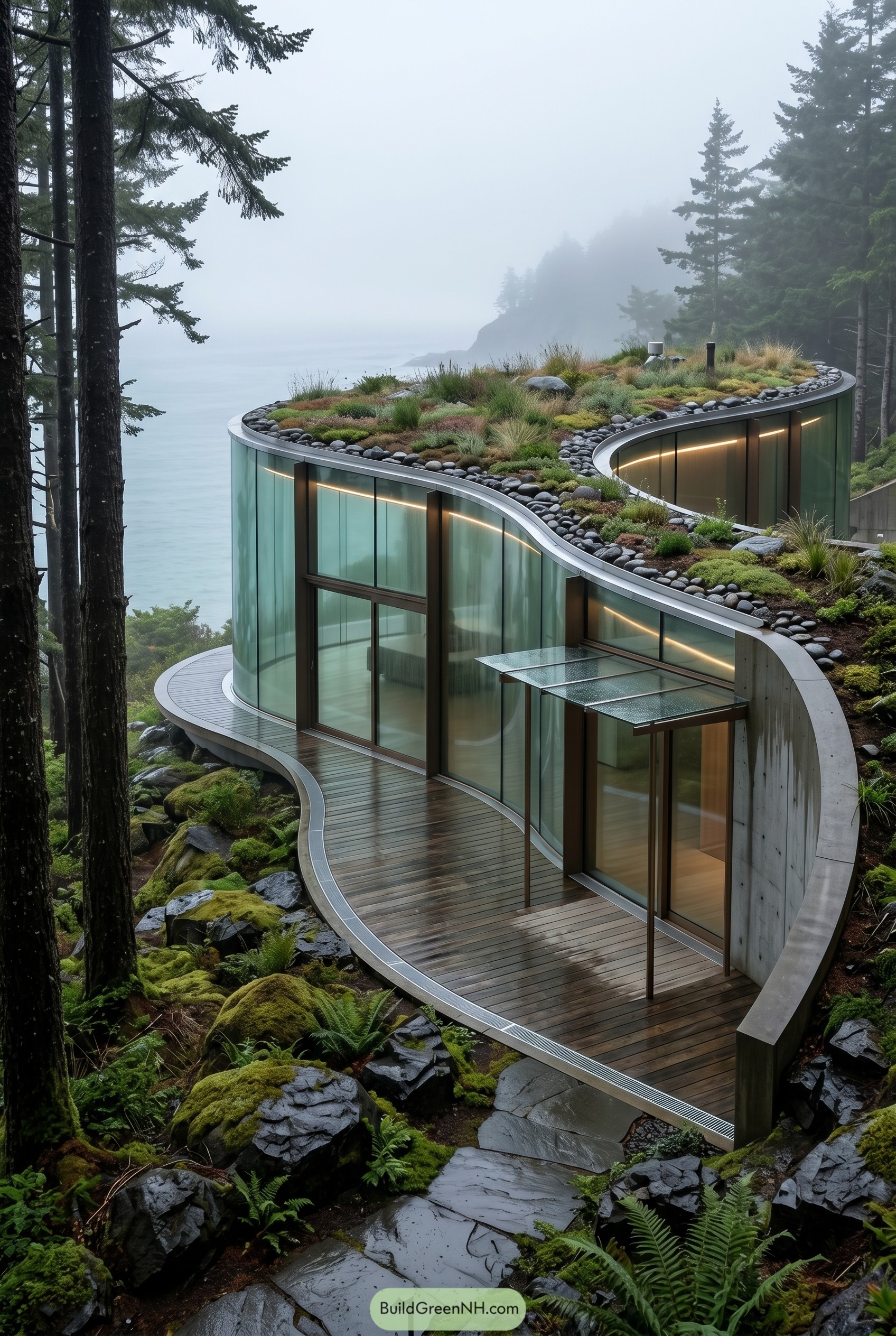 Curved glass home with green roof on a misty coastal slope